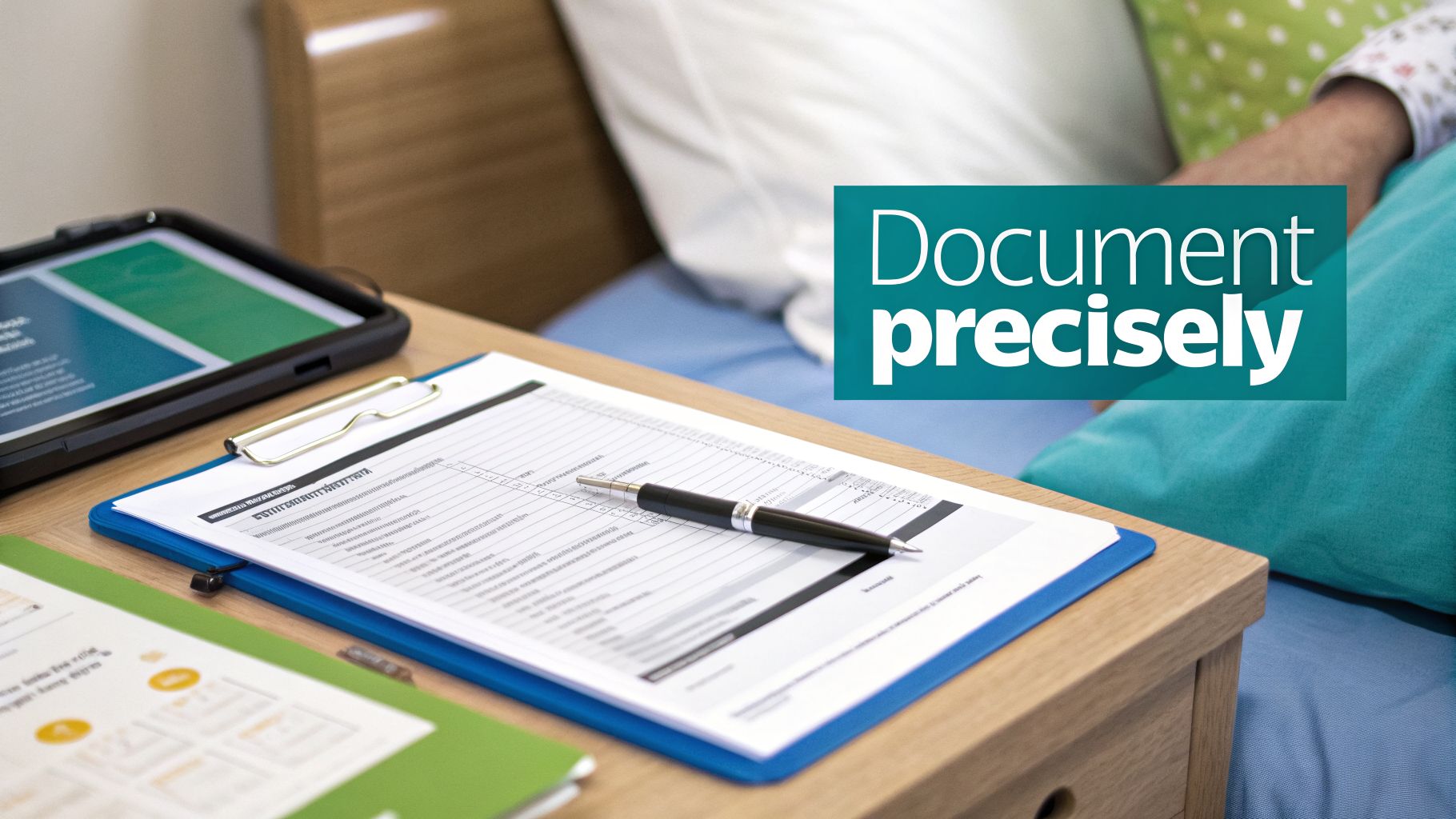 A medical form and pen on a clipboard, next to a tablet, with the text 'Document precisely'.