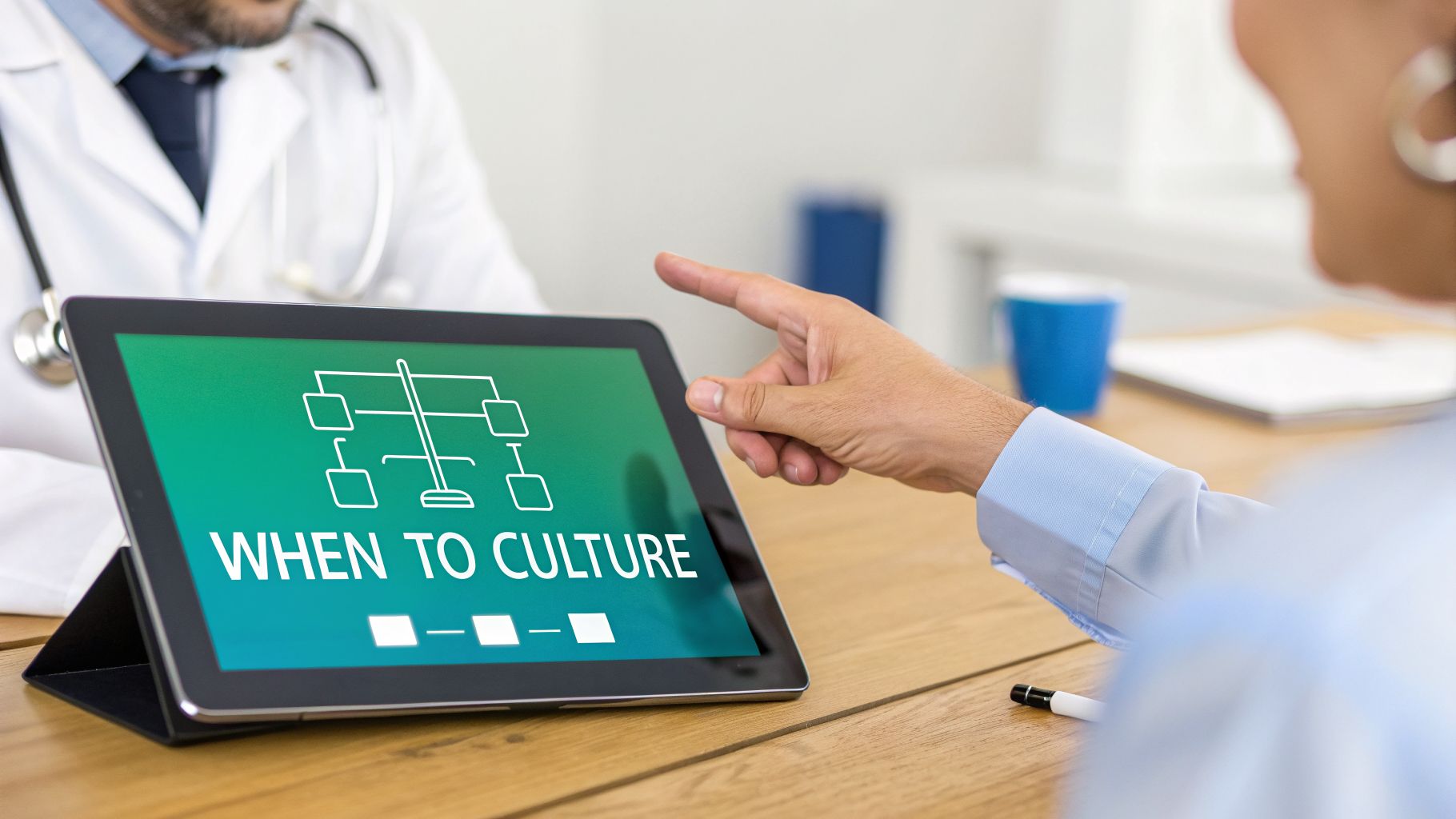 A hand points at a tablet displaying a medical flowchart titled 'WHEN TO CULTURE' to a doctor.
