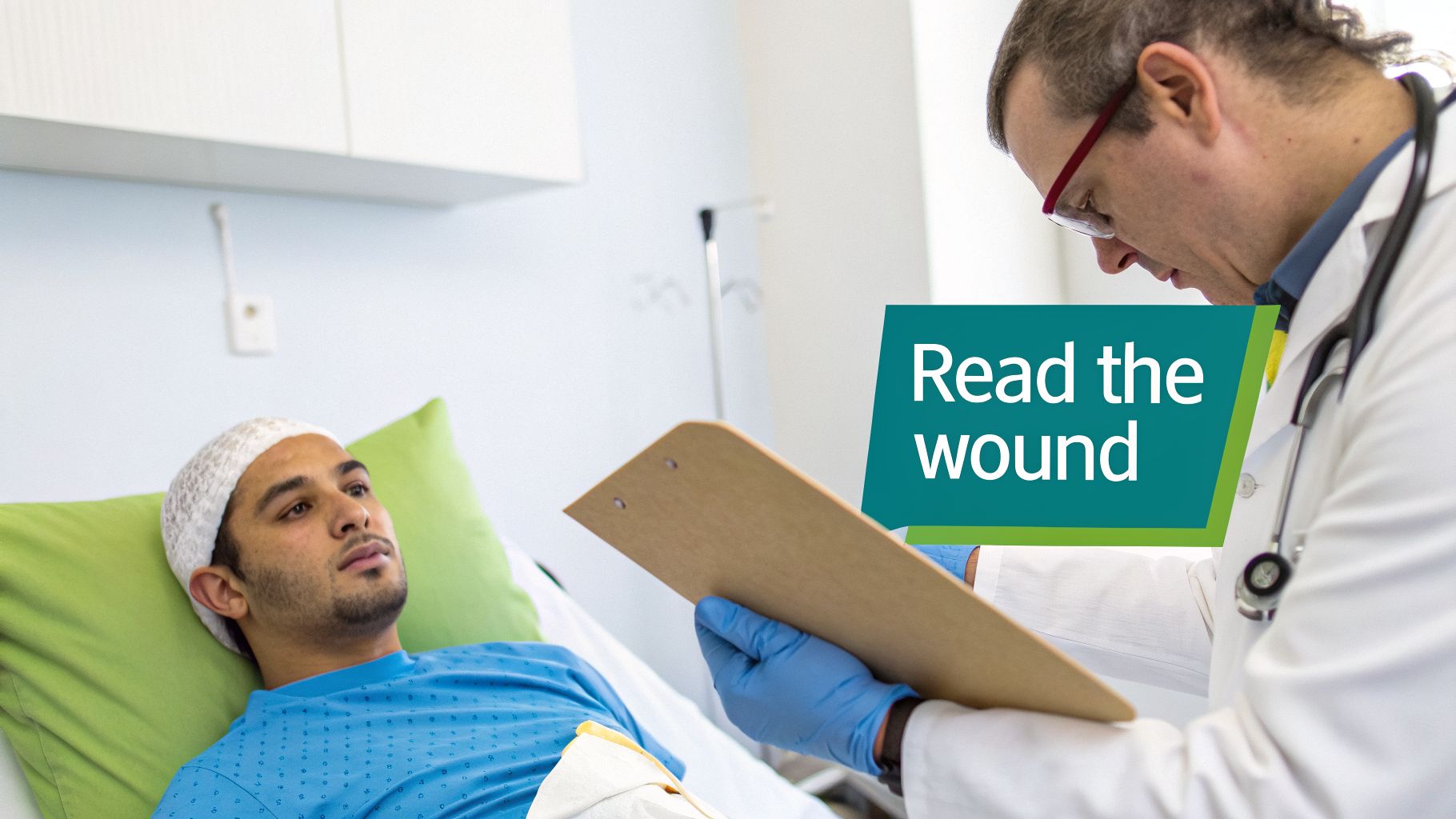 Doctor in a white coat and blue gloves examines a male patient in a hospital bed, holding a clipboard.