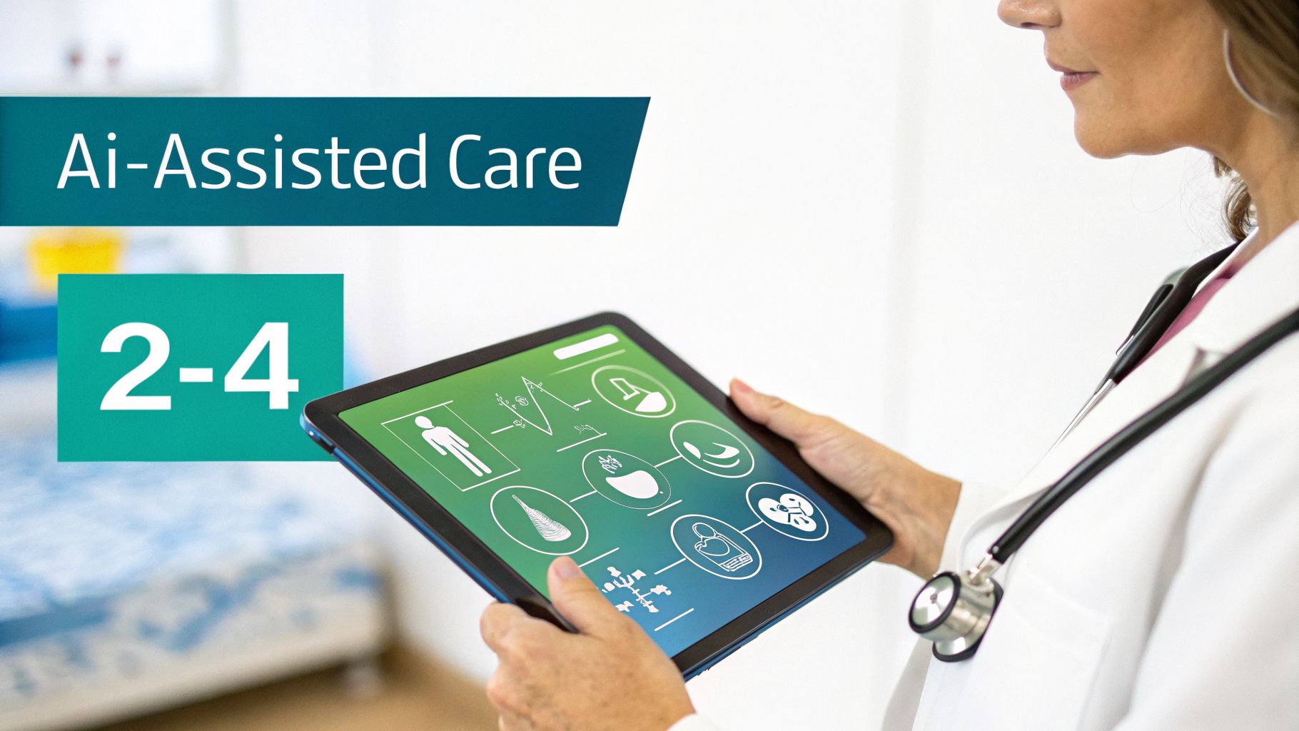 A doctor uses a tablet displaying AI-assisted care data with medical icons and graphs.