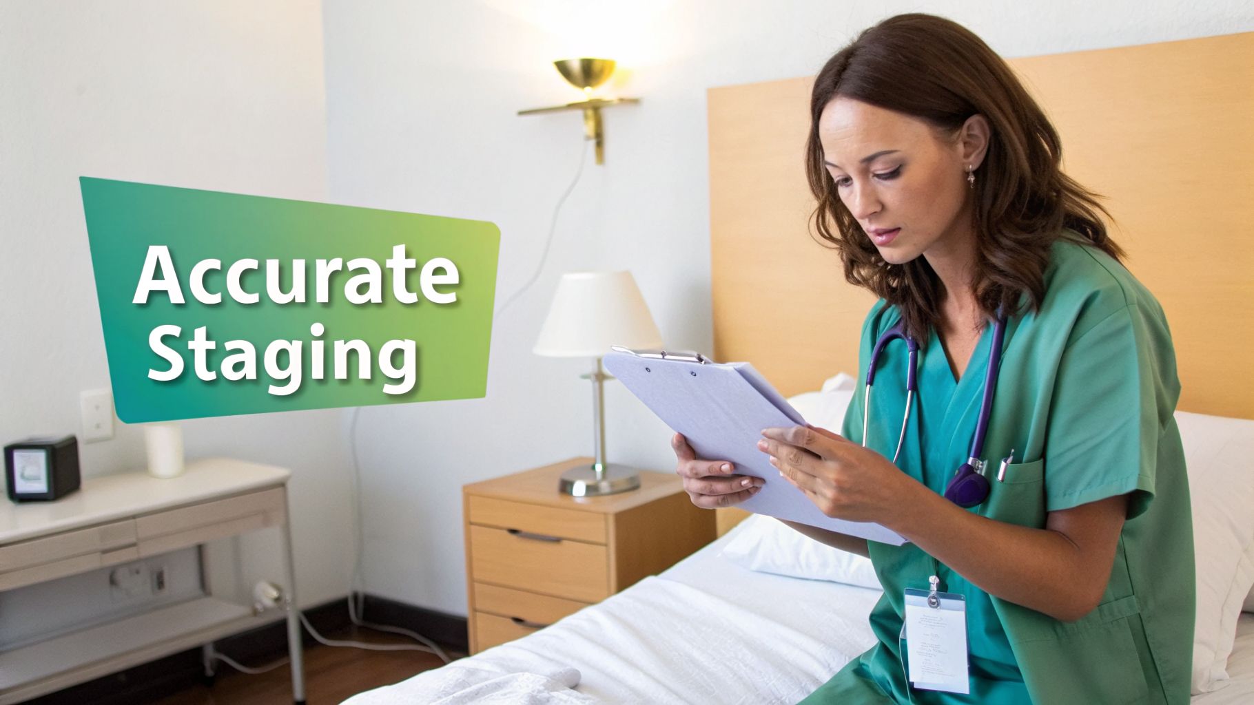 A female medical professional in green scrubs intently reads patient notes on a clipboard, with text 'Accurate Staging'.