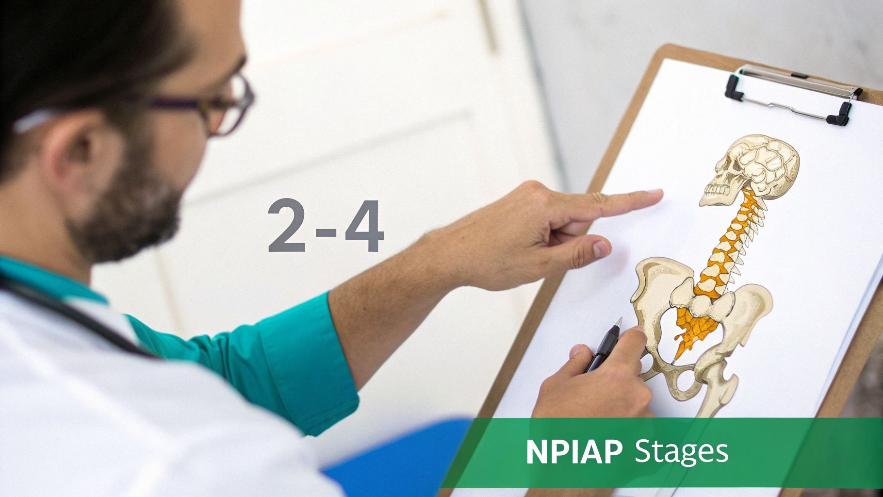 A doctor points to a skeleton diagram on a clipboard, illustrating NPIAP Stages 2-4.