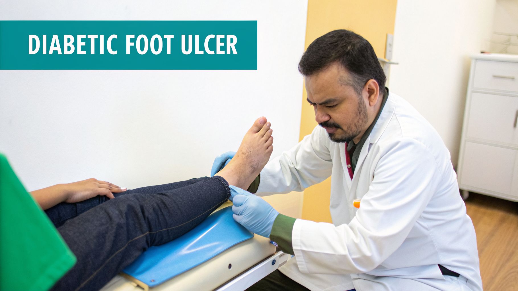 A doctor in a white coat and gloves examines a patient's foot for signs of a diabetic ulcer.