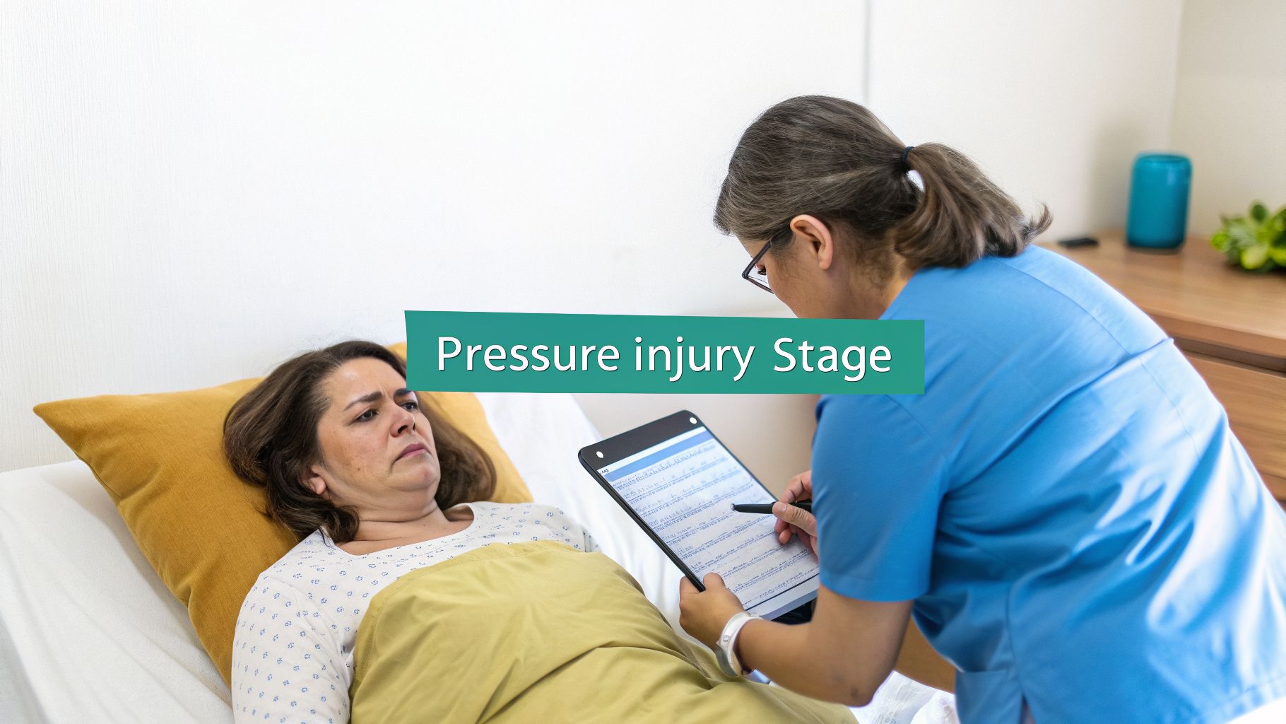 A nurse in blue scrubs consults a patient in bed, holding a clipboard with medical notes.