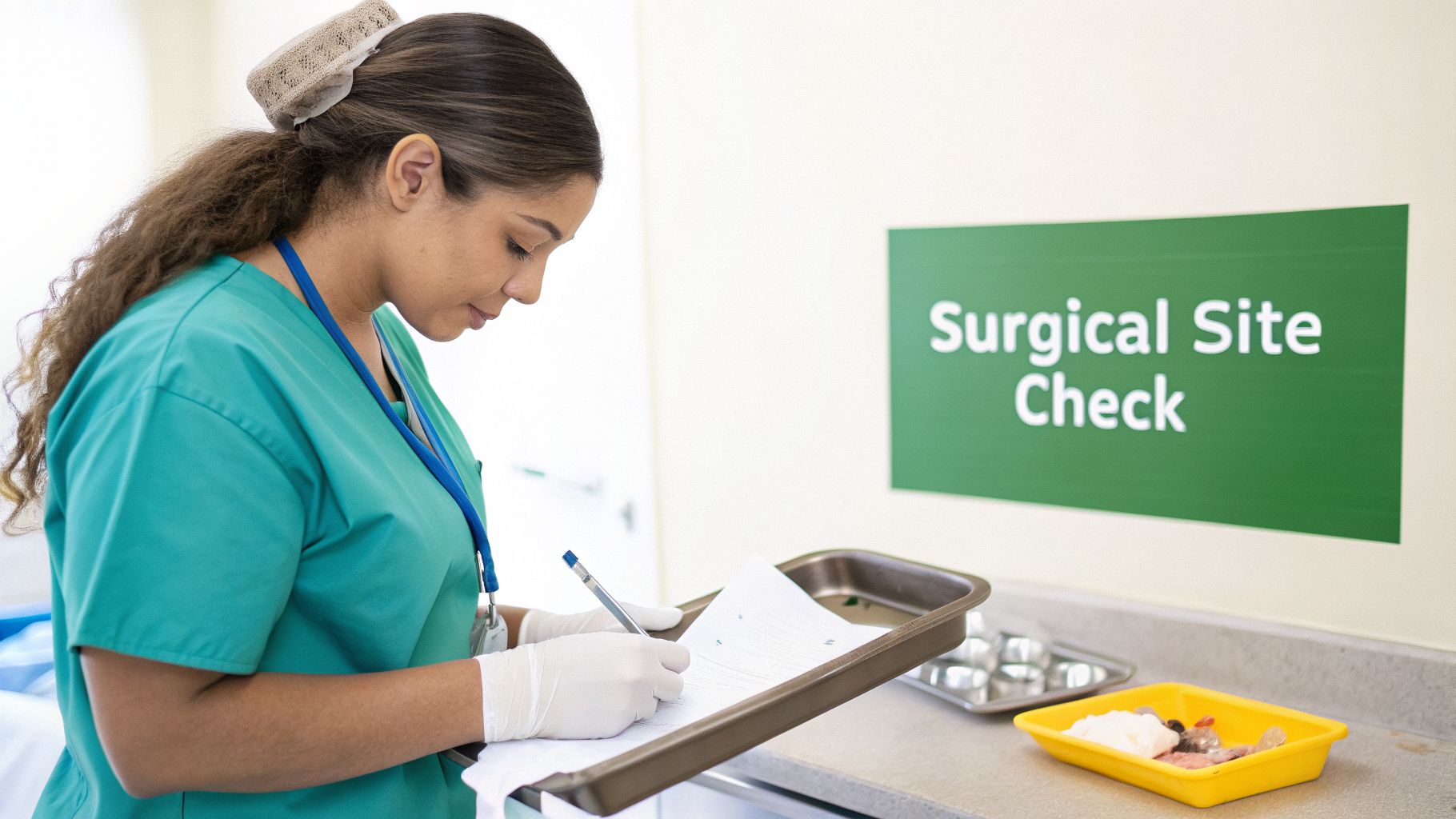 A healthcare professional in teal scrubs and gloves, meticulously documenting a surgical site check.