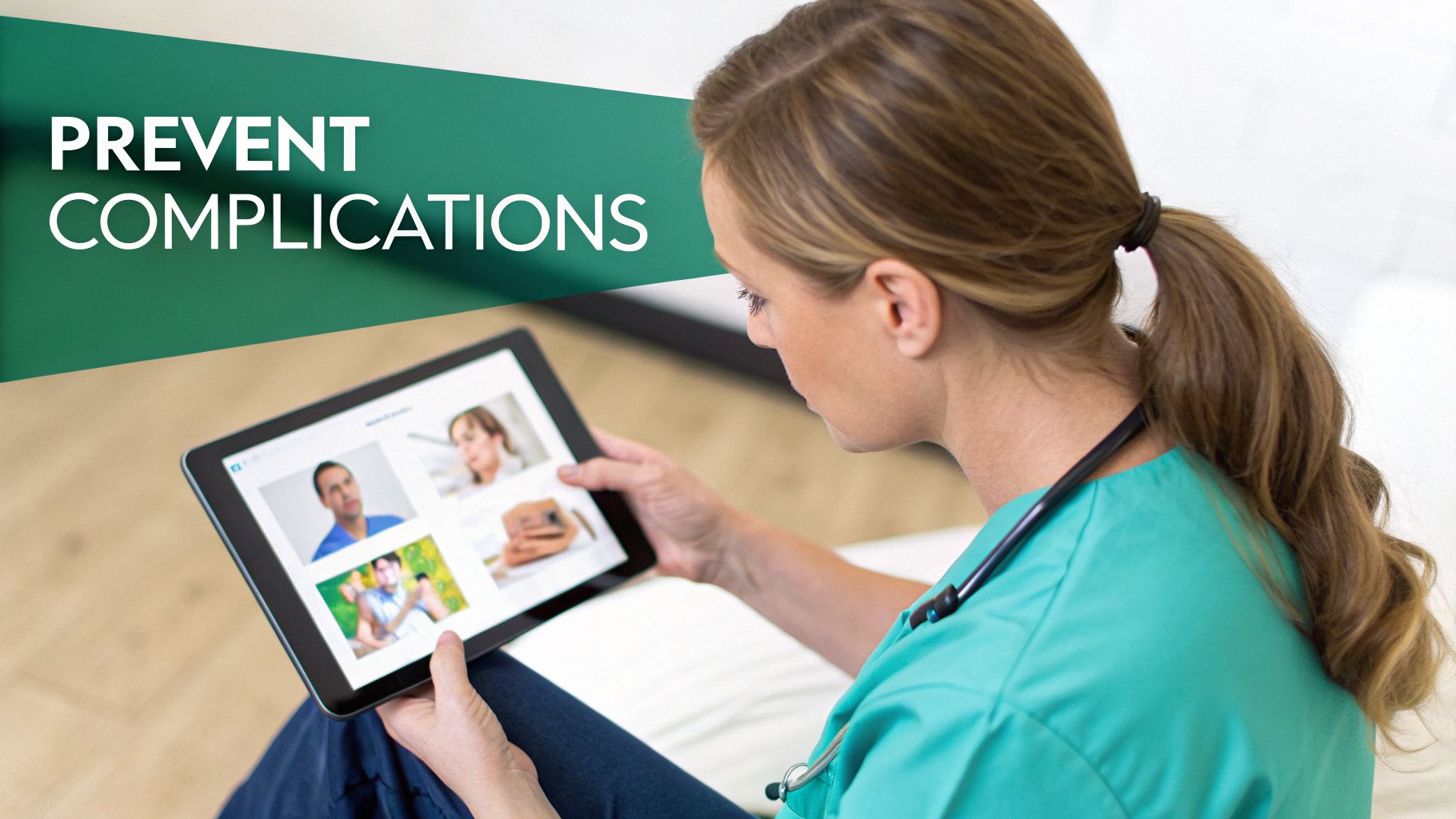A female healthcare professional in teal scrubs uses a tablet to review information to prevent complications.