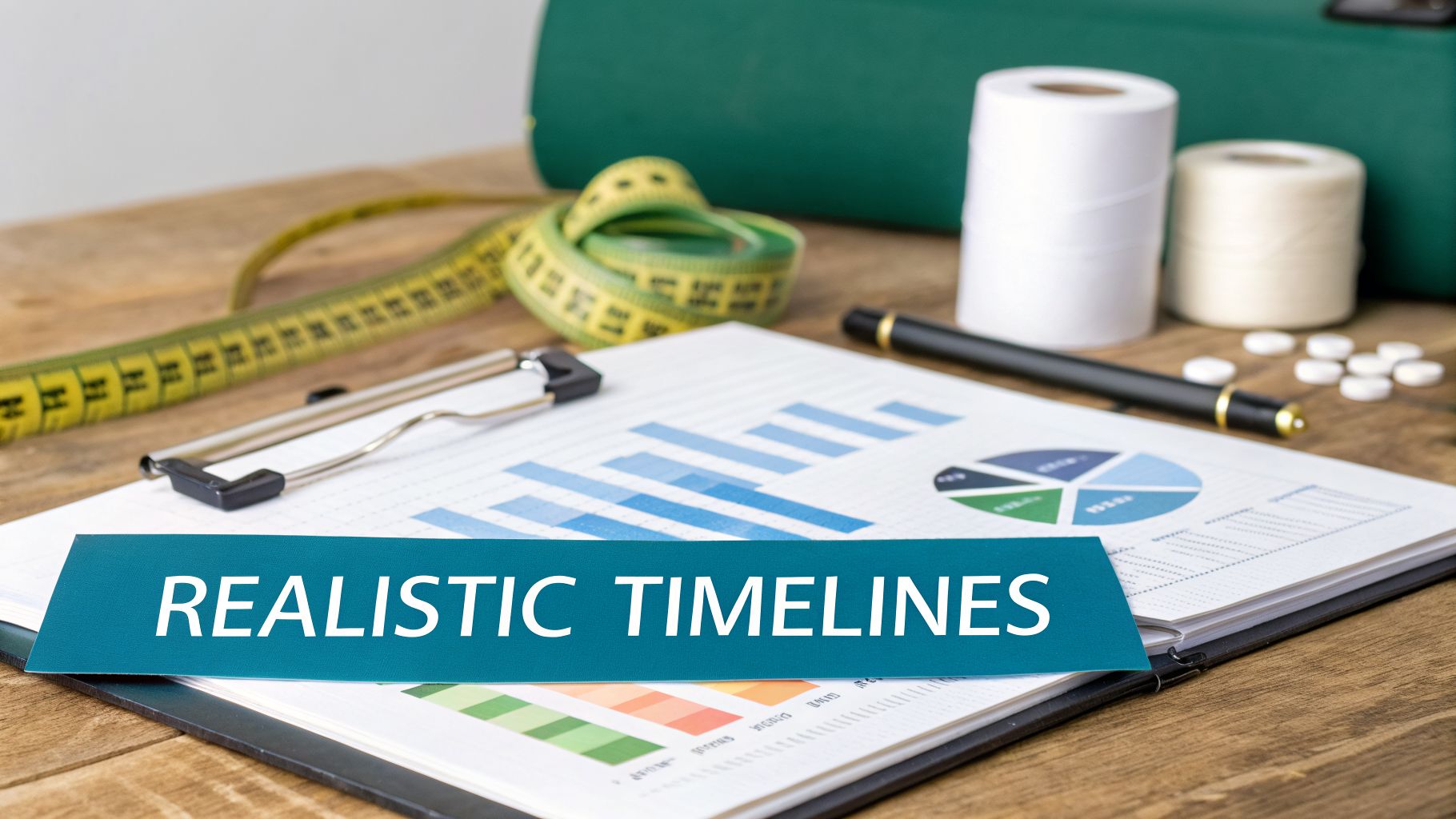 A desk with business charts, a pen, and a measuring tape, displaying 'REALISTIC TIMELINES'.