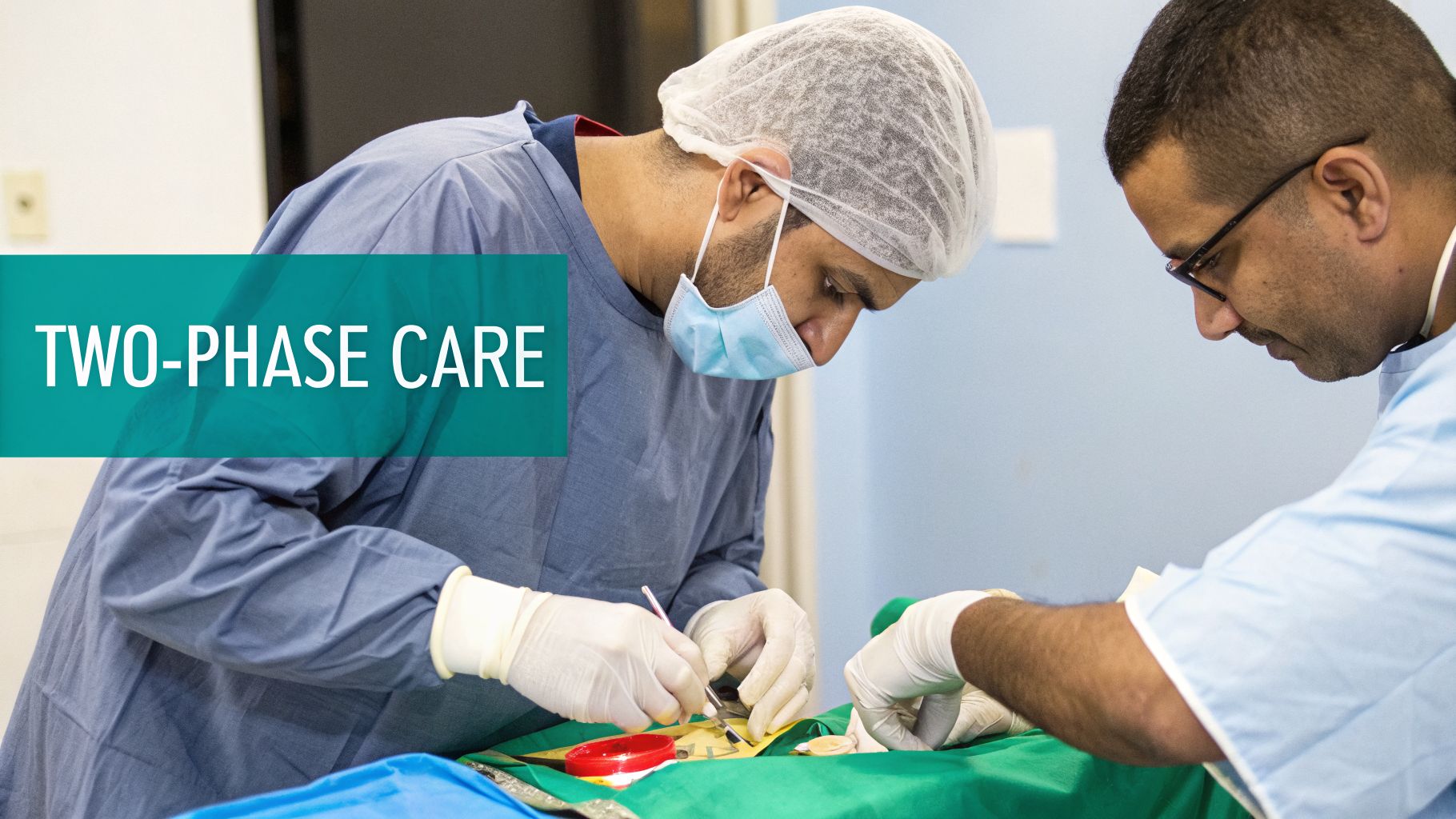 Two surgeons in medical attire performing a medical procedure with focused precision, illustrating two-phase care.