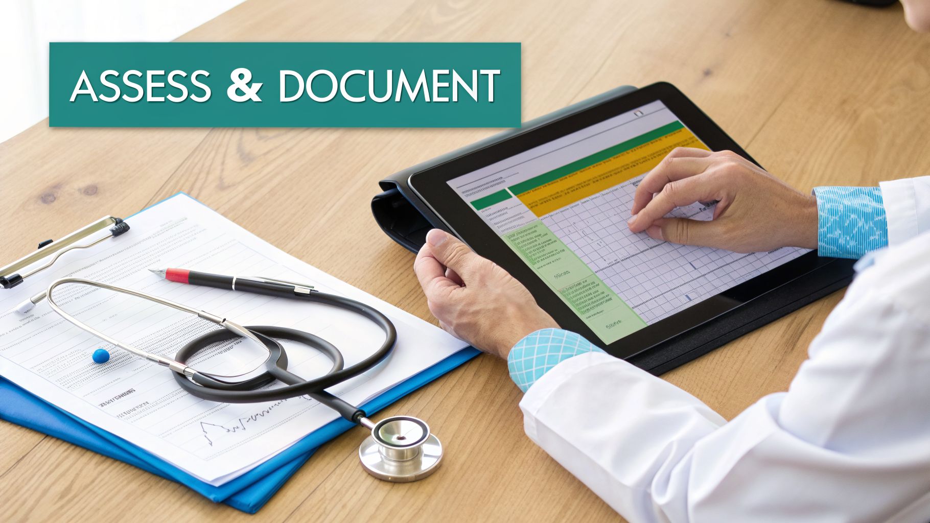 Healthcare professional digitally assessing and documenting patient information on a tablet, with a stethoscope on a clipboard.