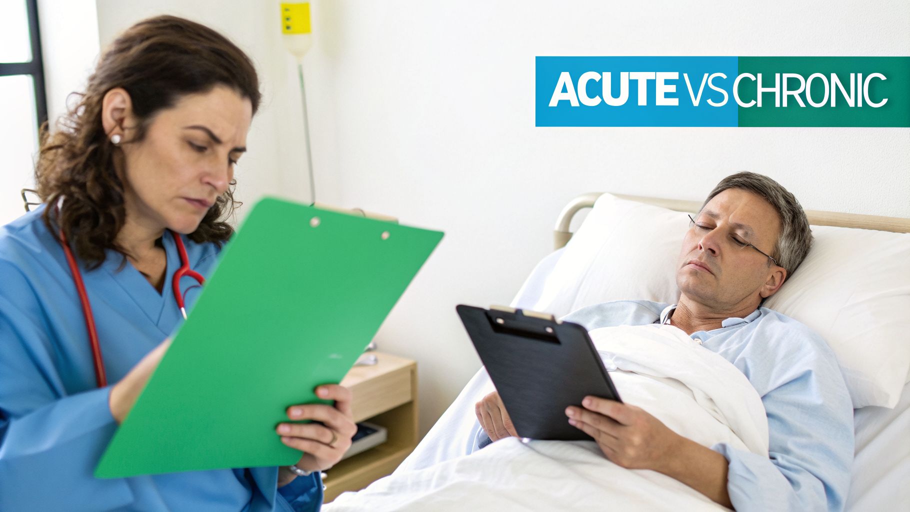 A medical professional consults a chart next to a patient in a hospital bed, discussing acute vs chronic conditions.