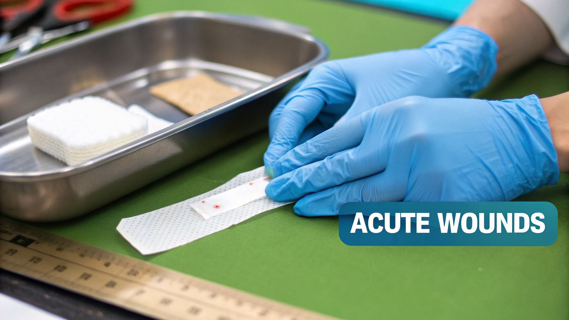 Close-up of gloved hands applying a medical strip with red dots on a green surface, next to a surgical tray.