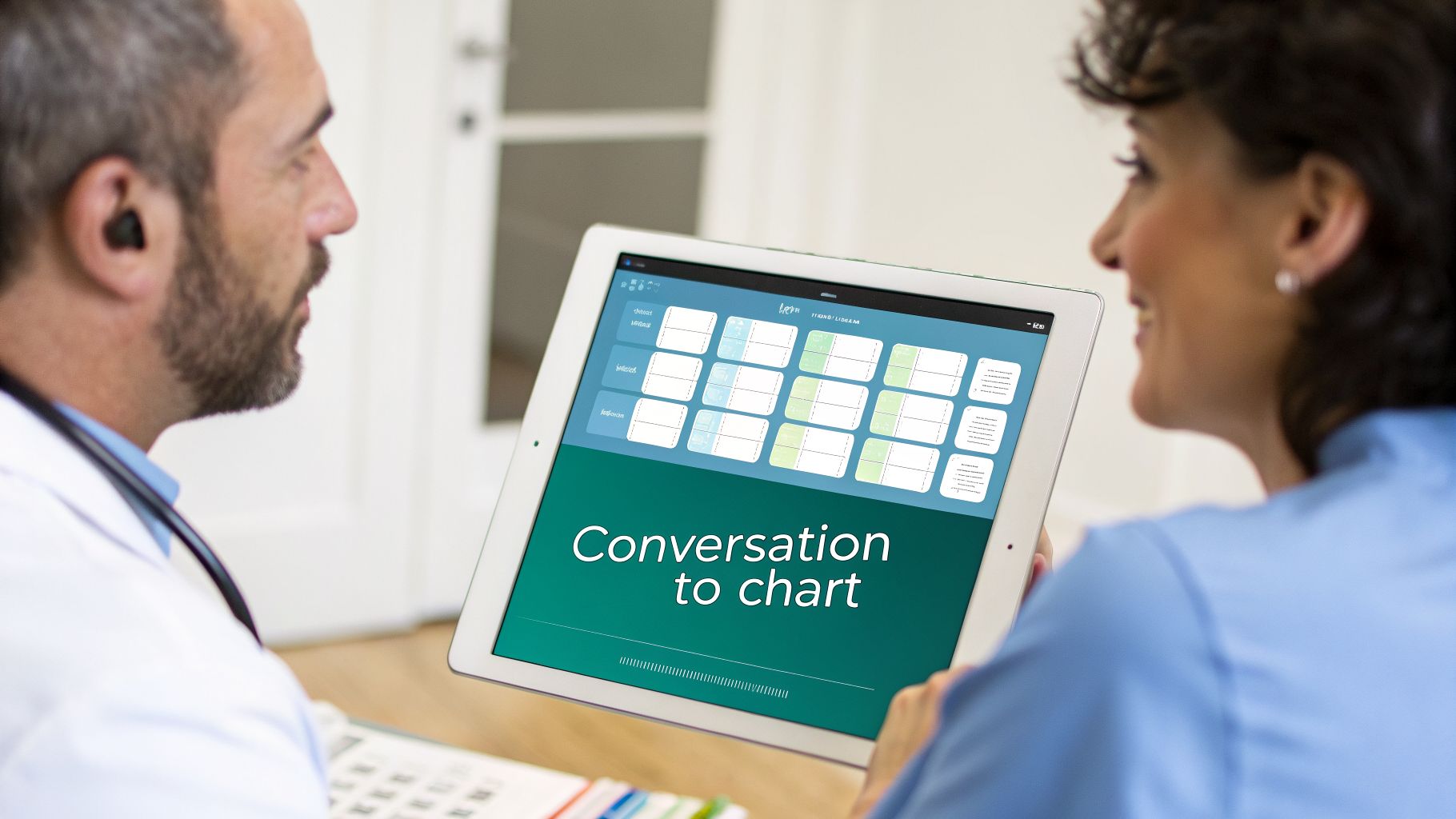 Healthcare professionals use a tablet displaying 'Conversation to chart' for medical documentation and voice recognition.