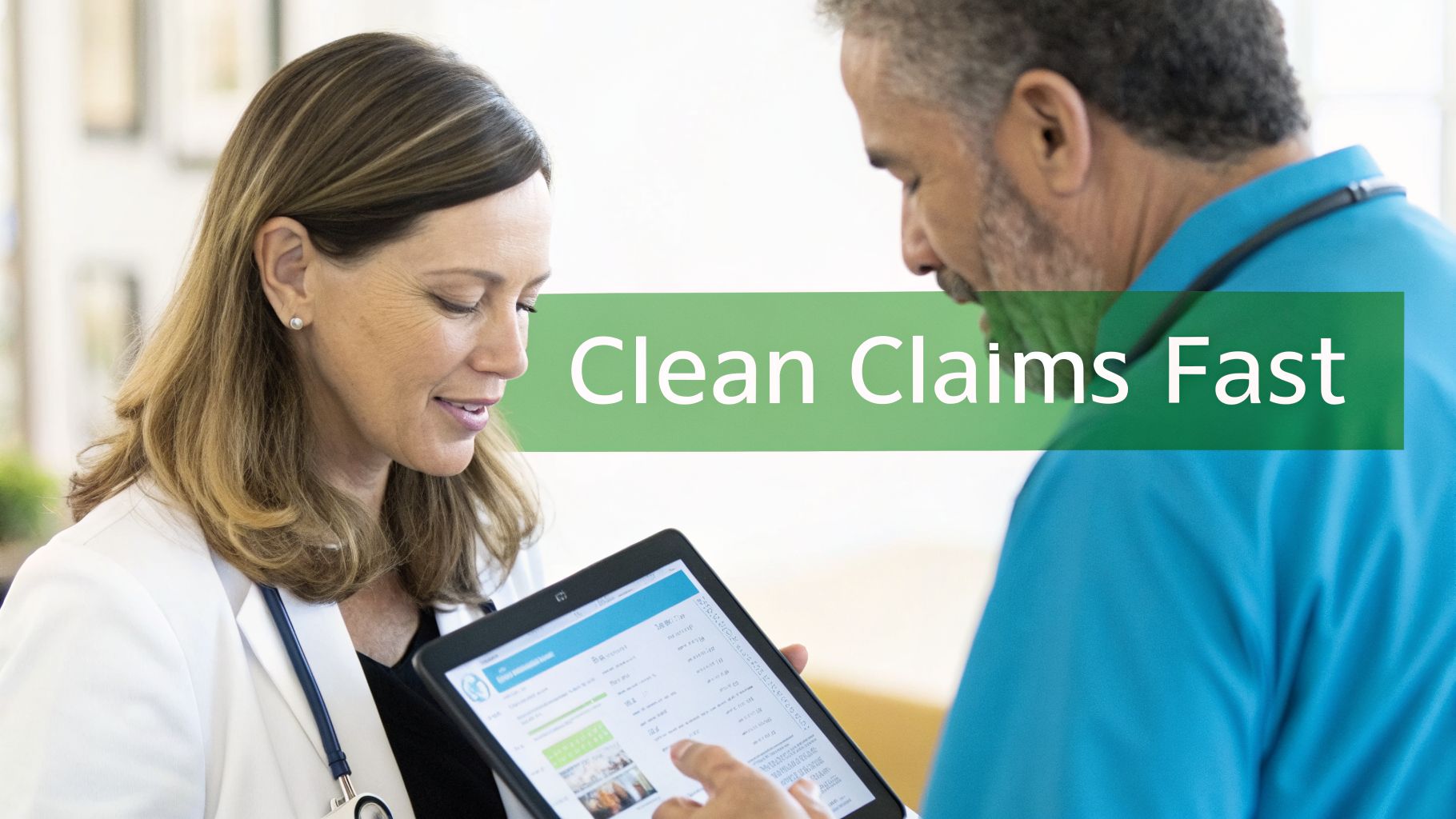 Two healthcare professionals review medical claims on a tablet, with text 'Clean Claims Fast'.