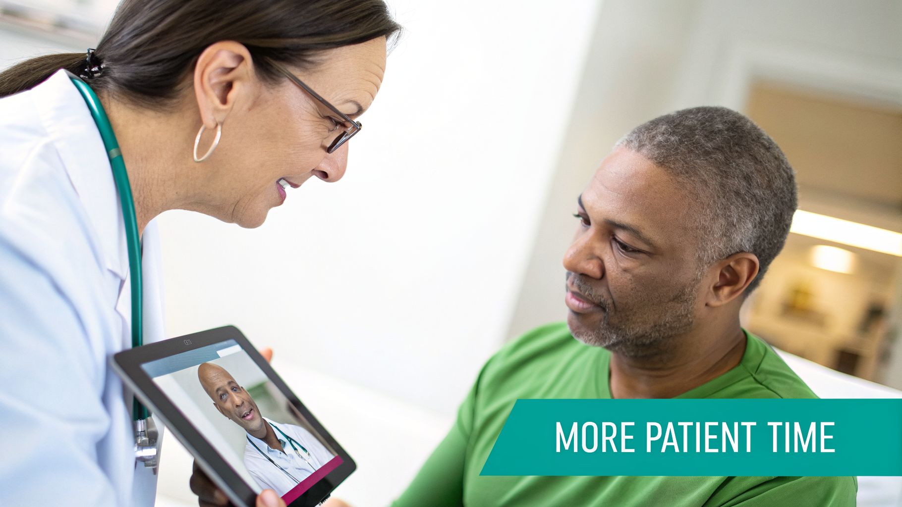 Female doctor showing a patient a tablet with a telehealth call, discussing healthcare.