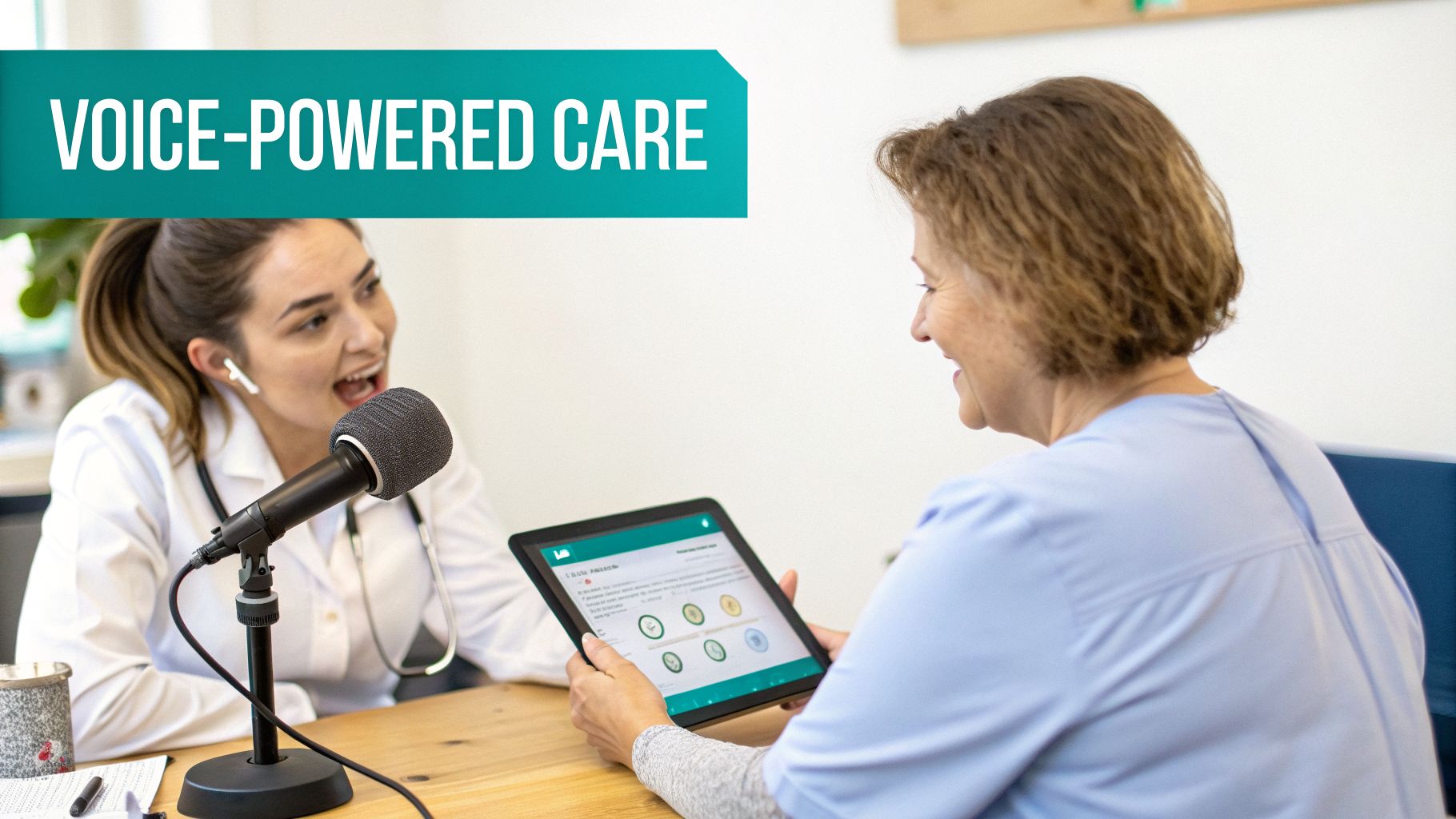 A doctor speaks into a microphone while a patient holds a tablet, representing voice-powered care.