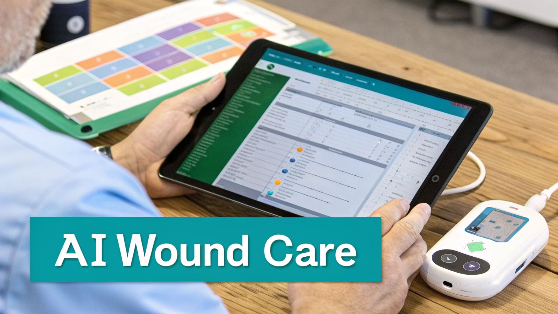 Hands operate a tablet displaying AI wound care data, with a medical monitoring device and charts.