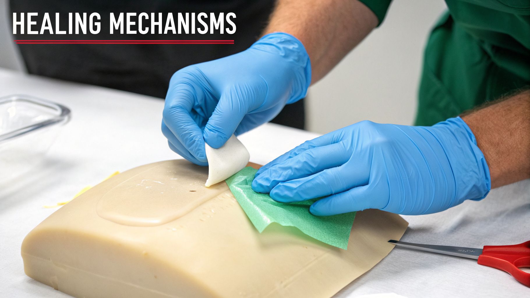 Hands in blue gloves applying dressings to a wound care training model, demonstrating healing mechanisms.