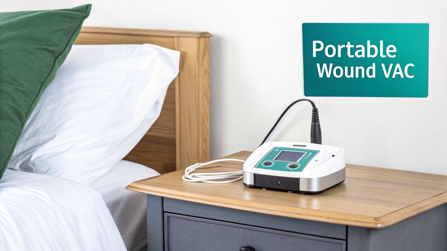A portable wound VAC device on a wooden bedside table next to a bed with a white sheet and green pillow.