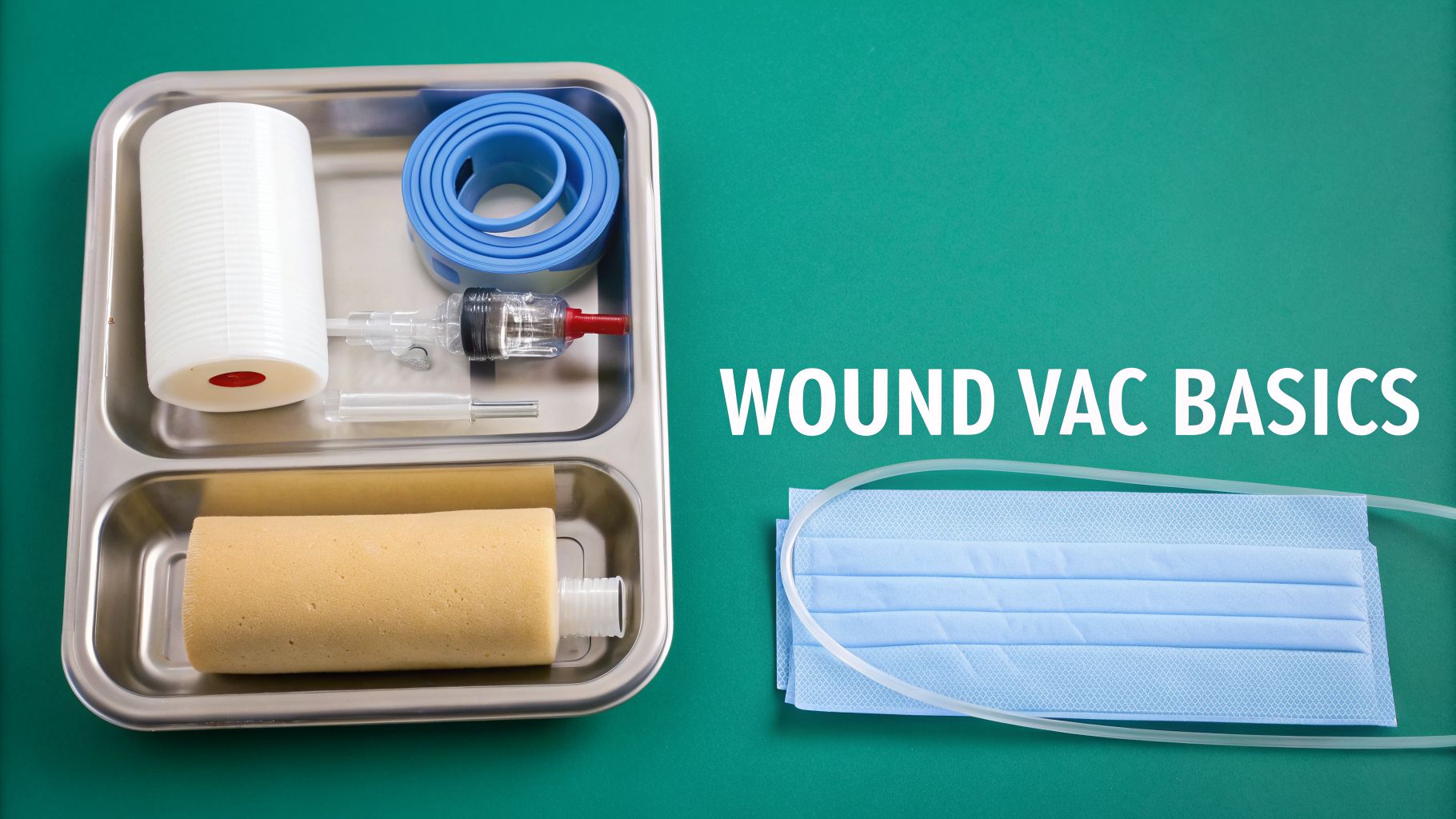 A medical tray displaying various wound vac supplies, including bandages, foam, and syringe, on a green background with text.