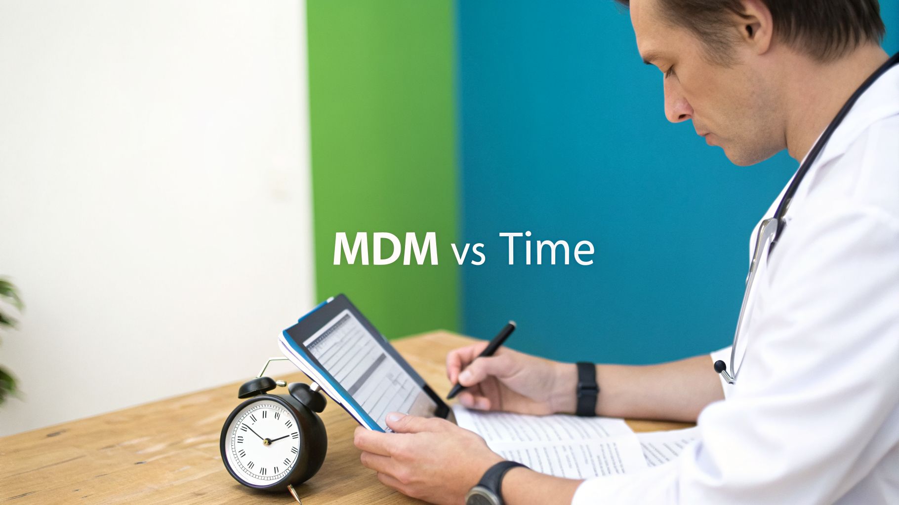 Doctor in a white coat writing on a tablet at a desk, with an alarm clock and 'MDM vs Time' text.
