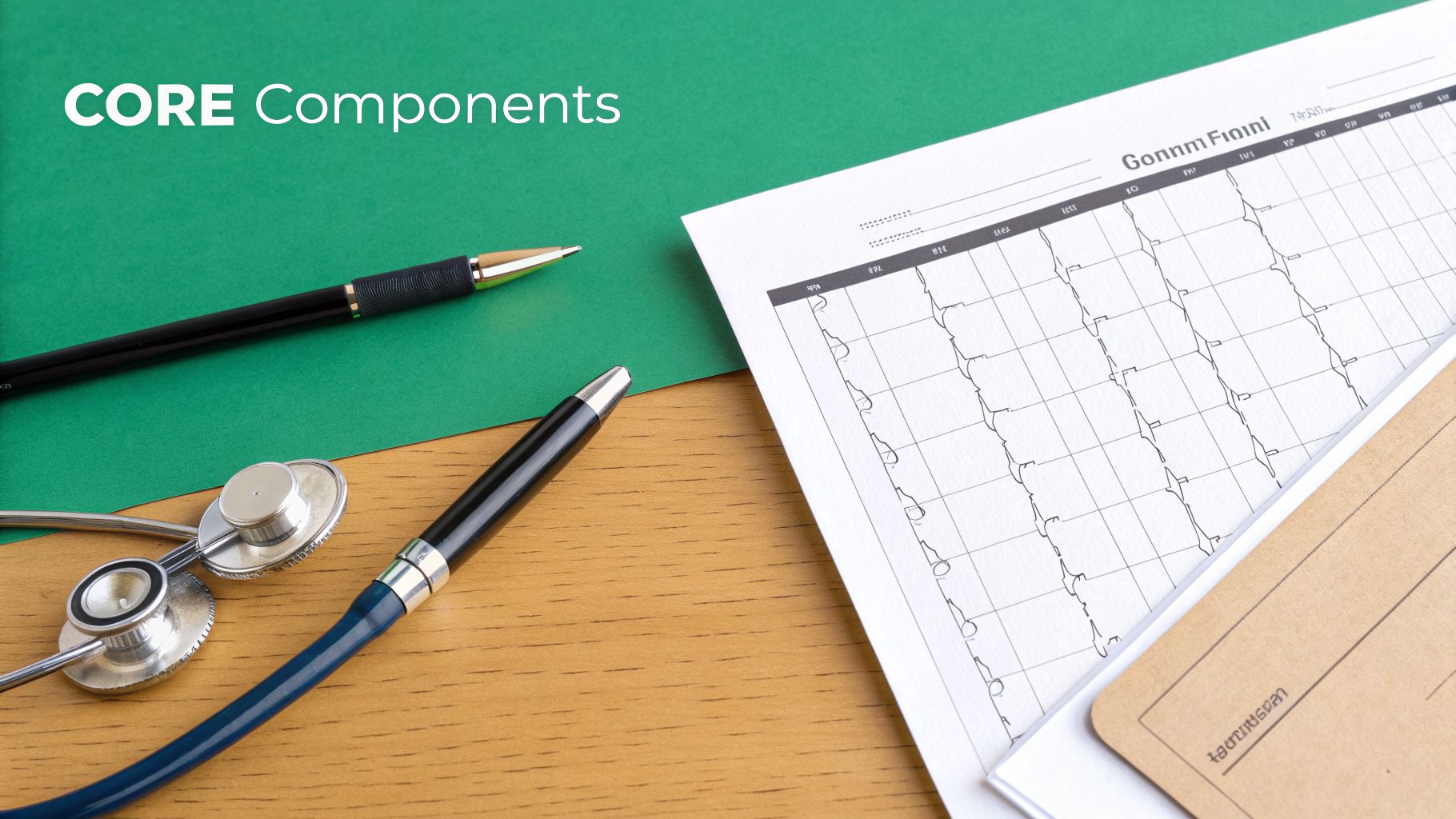 A stethoscope, pens, and medical chart with 'CORE Components' text on a green and wooden background.