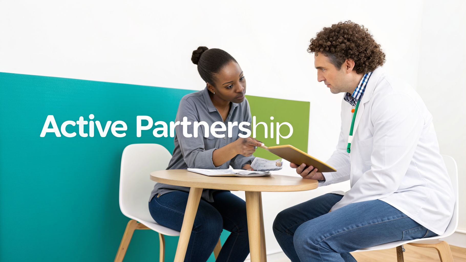 A Black woman and a male doctor discussing a tablet with "Active Partnership" text behind them.