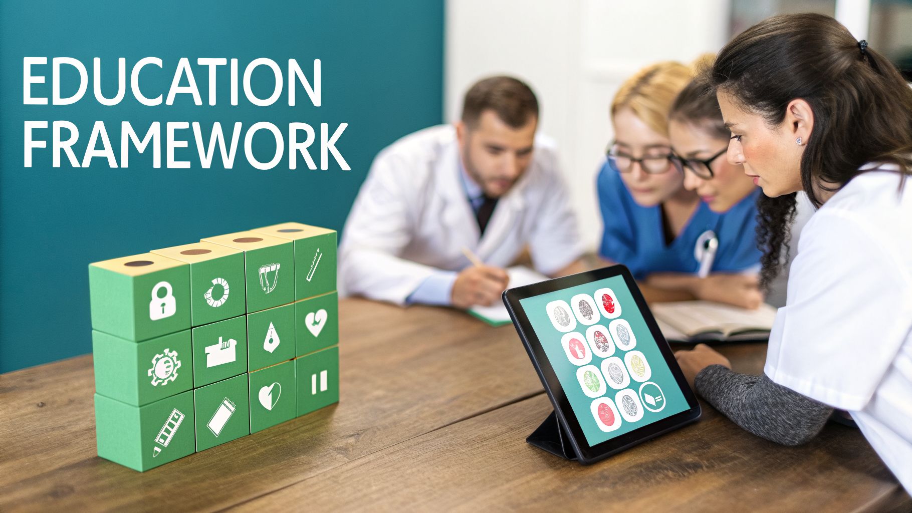 Medical professionals examine a tablet and educational framework blocks, symbolizing healthcare learning.