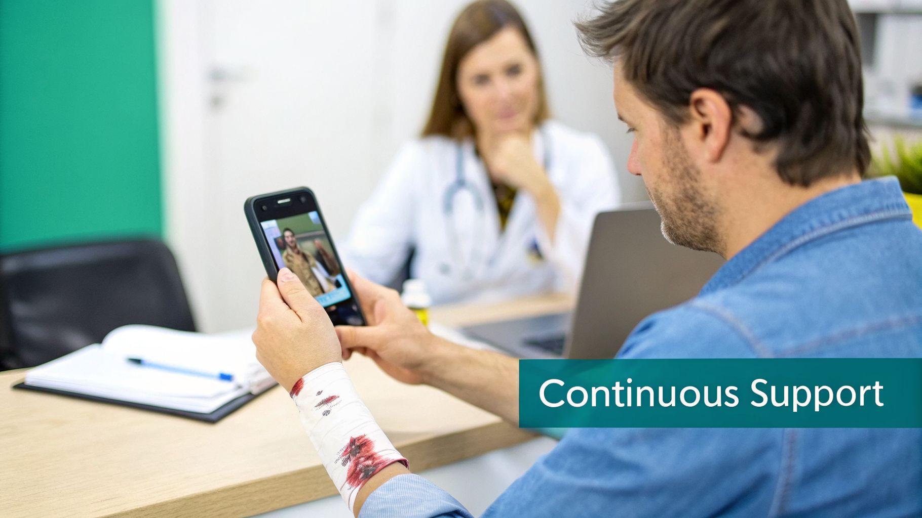 A man with a bloody bandaged wrist looks at his phone during a medical consultation with a doctor.