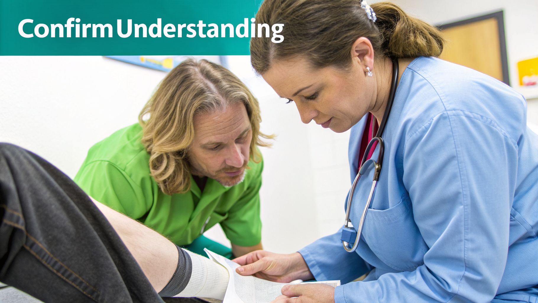 A medical professional applies a bandage to a patient's leg as another healthcare worker observes, providing wound care.