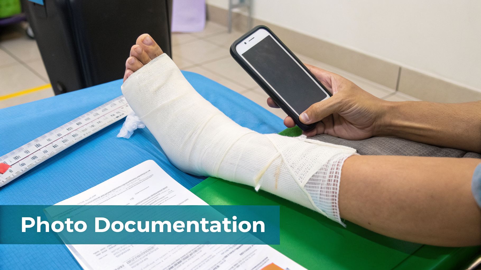 Close-up of a person's bandaged leg, with a ruler and smartphone, for injury documentation.