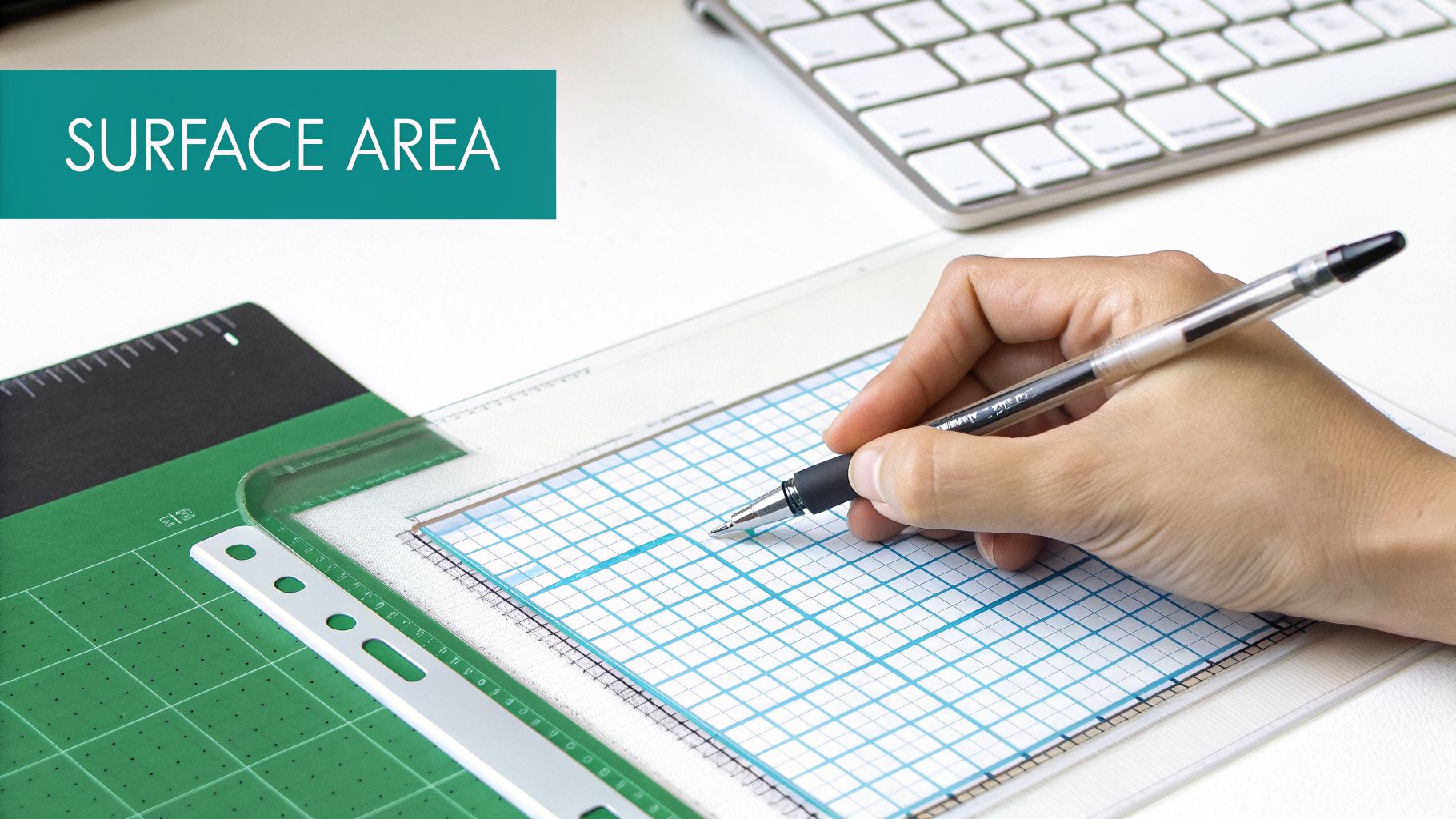 Close-up of a hand drawing on graph paper with a pen, labeled "SURFACE AREA".