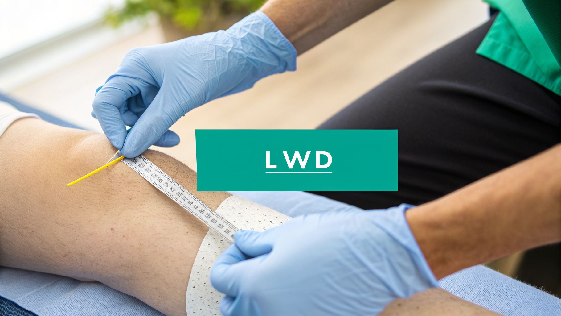A healthcare professional in blue gloves measures a patient's leg wound with a ruler.