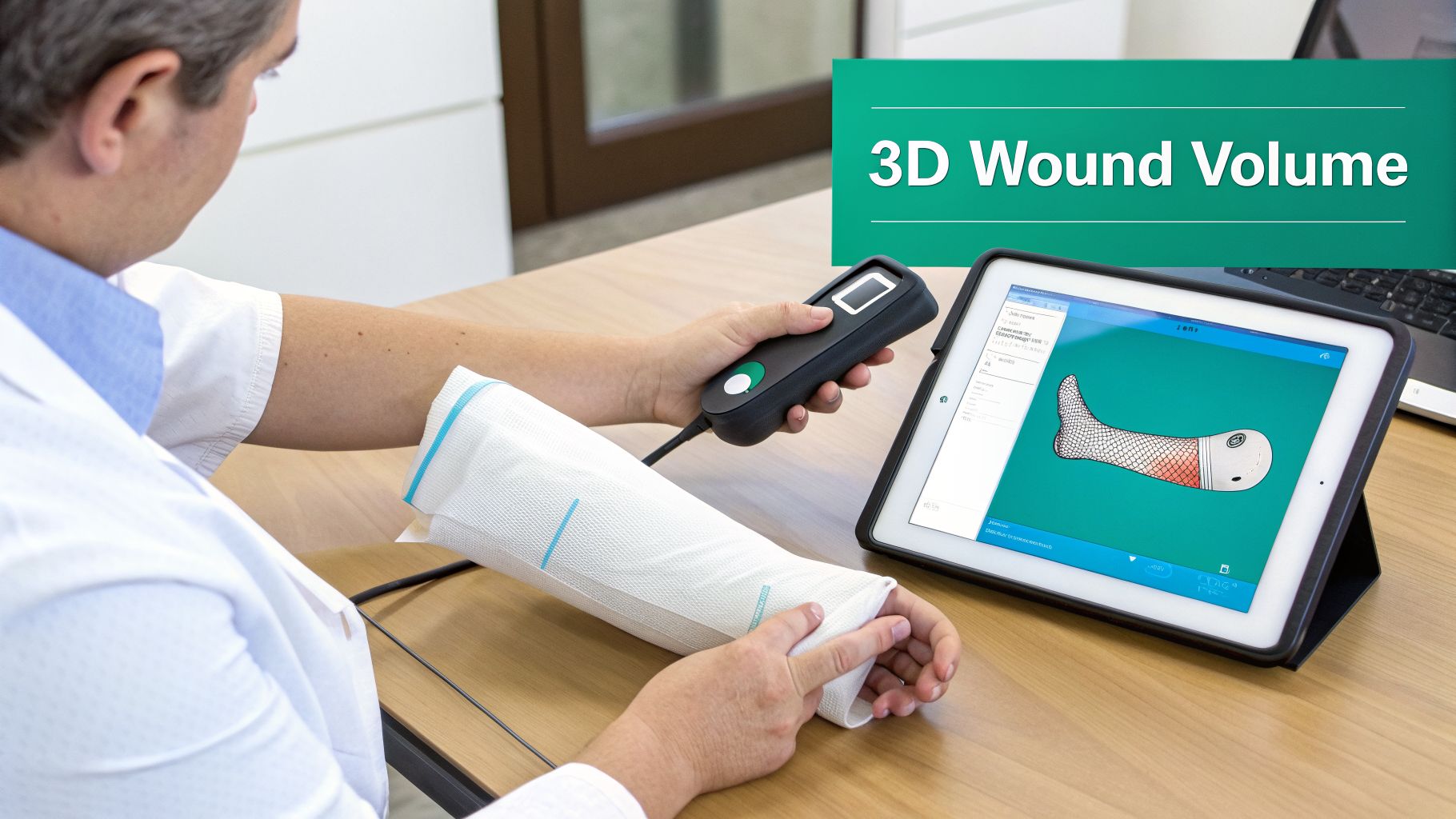 Medical professional uses a handheld device to scan a patient's bandaged arm, displaying 3D wound volume on a tablet.