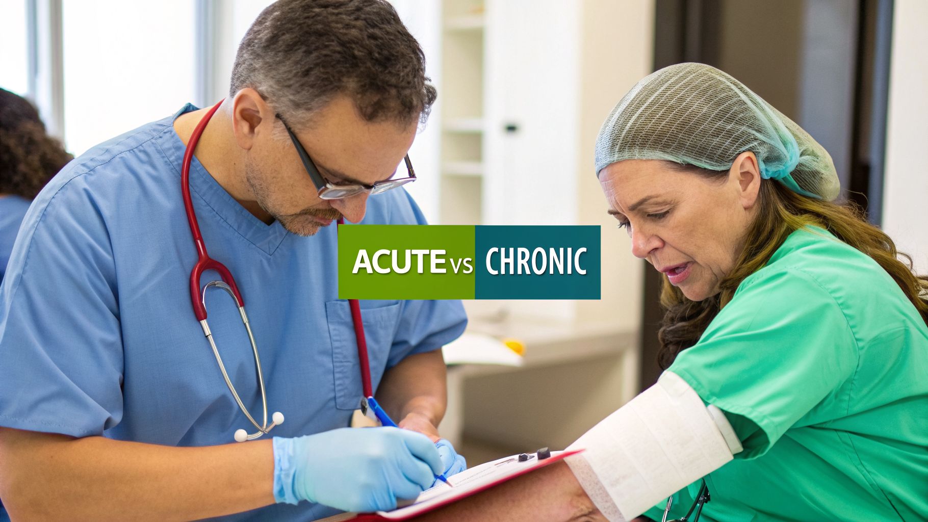 Medical professionals with stethoscope and clipboard, overlayed with text 'ACUTE vs CHRONIC' for medical comparison.