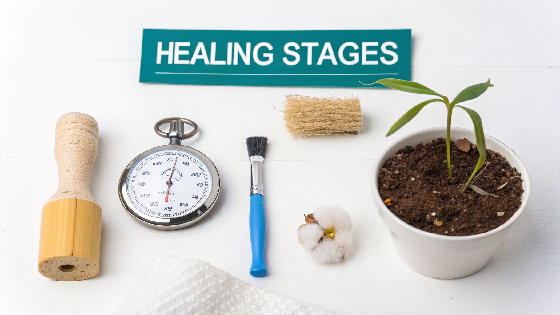 A flat lay image displaying a 'HEALING STAGES' sign, a stopwatch, a small plant, and various tools.