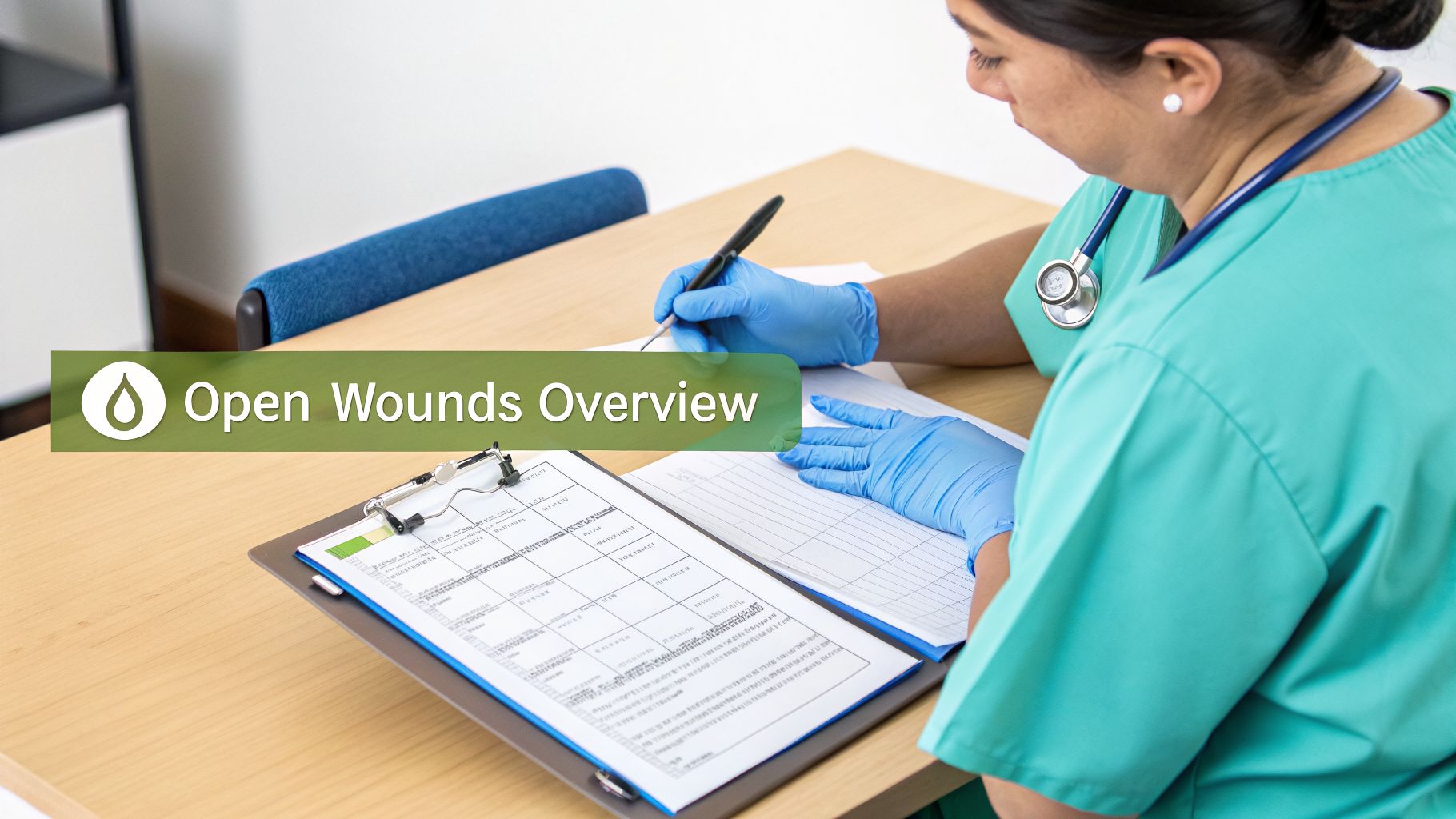 A medical professional in scrubs and gloves writes at a desk with an 'Open Wounds Overview' banner.