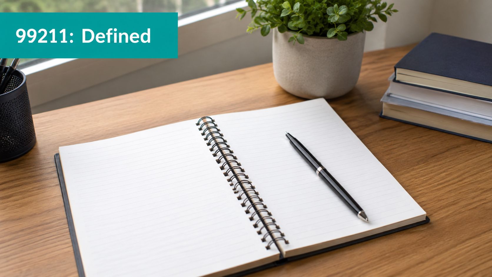 A clean wooden desk workspace with an open notebook, a black pen, and a small potted plant.