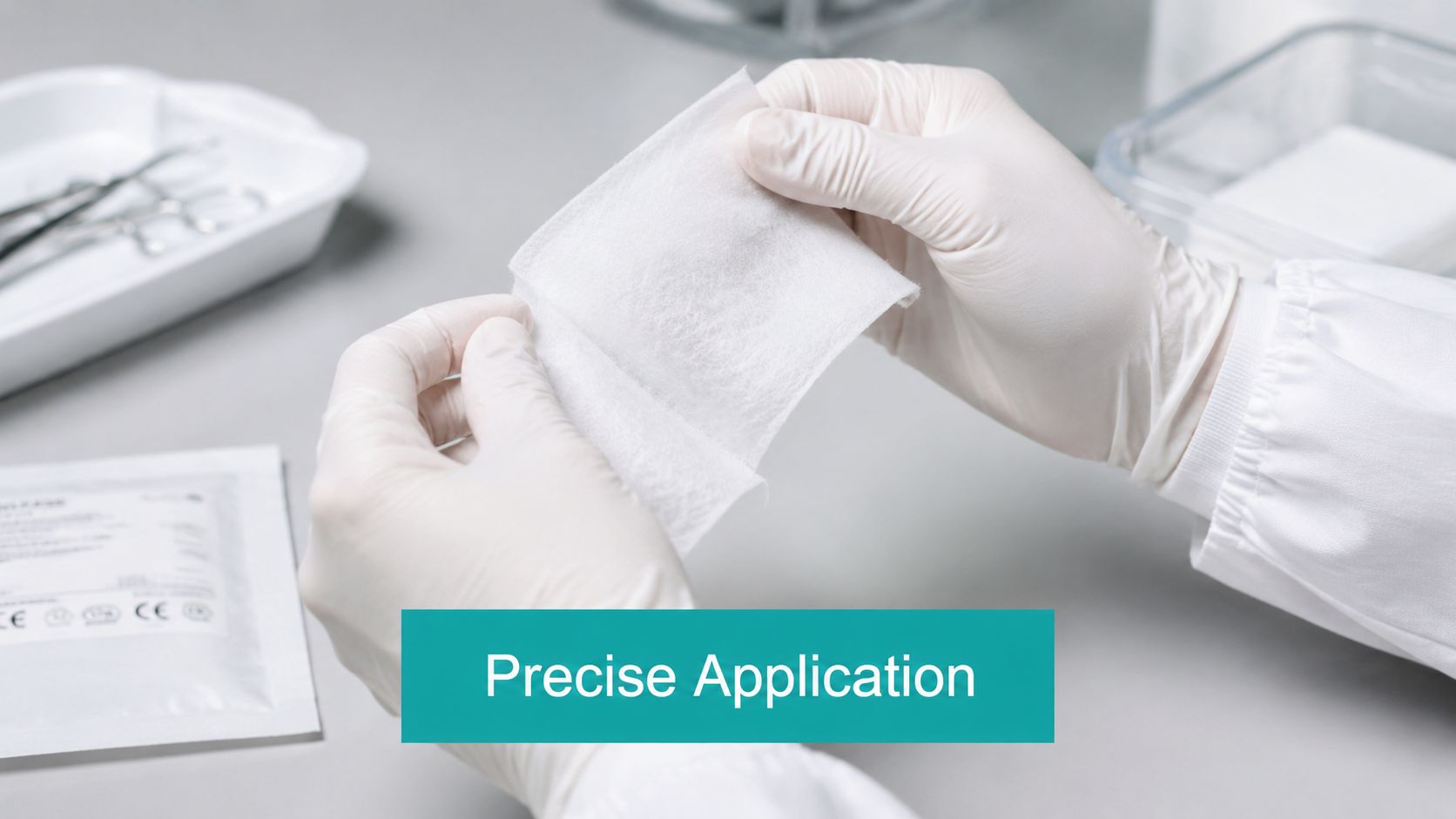 A healthcare professional wearing white gloves holding a sterile gauze square in a clinical laboratory setting.