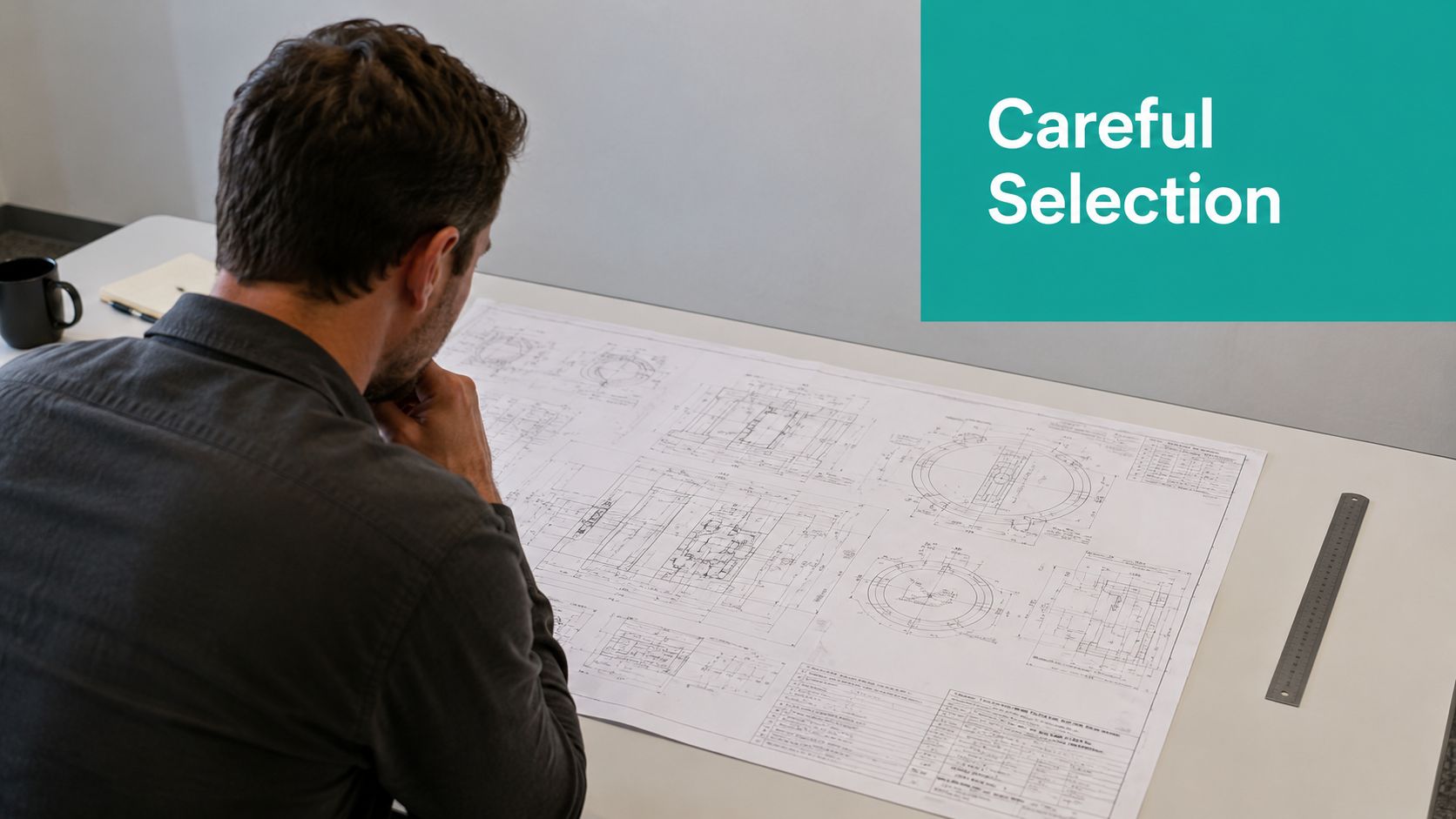 A professional man carefully reviewing detailed technical architectural blueprints at his desk with a ruler nearby.
