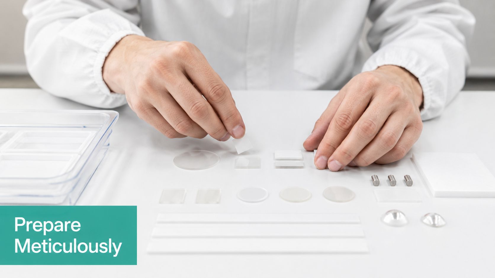 A technician wearing a white lab coat meticulously prepares small medical components for a wound therapy procedure.