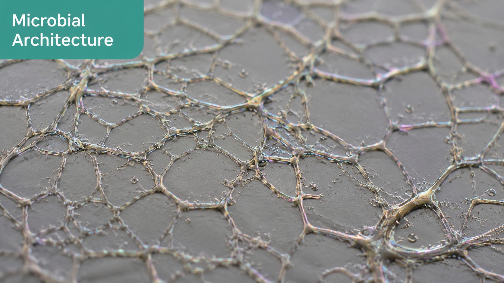A microscopic view of a complex, iridescent, web-like biofilm structure formed on a smooth gray surface.