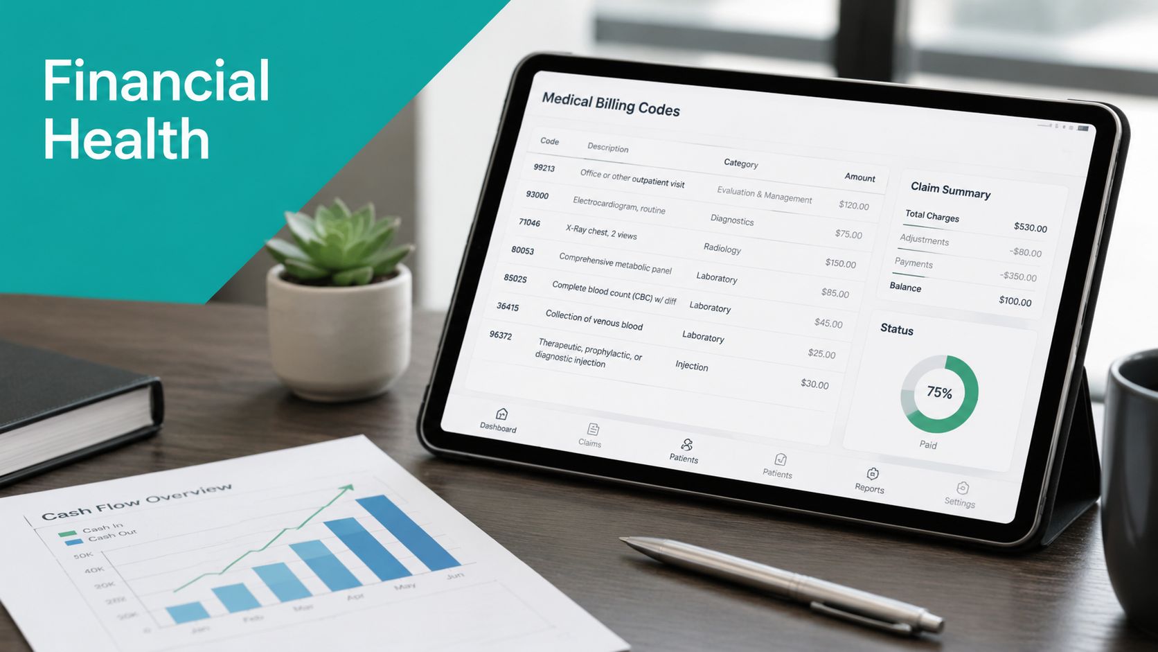 A digital tablet displaying medical billing codes and financial data sits on a desk with a cash flow report.
