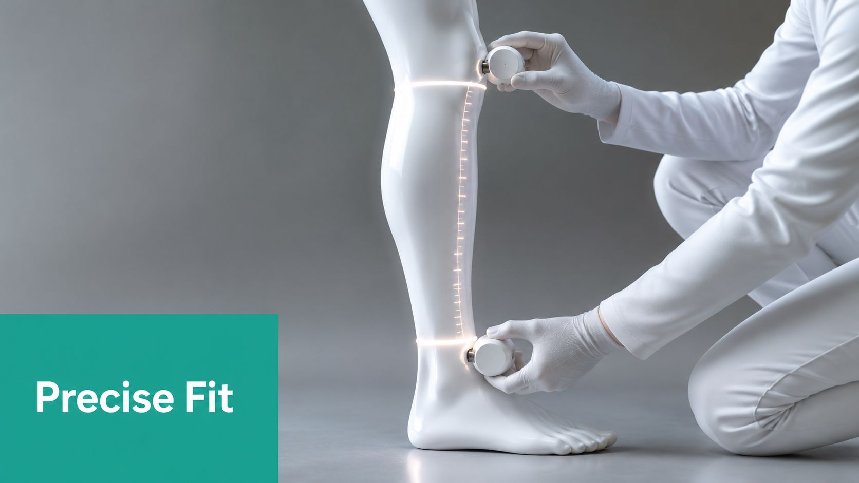 A professional measuring a mannequin leg for custom-fit gradient support stockings using digital medical equipment.
