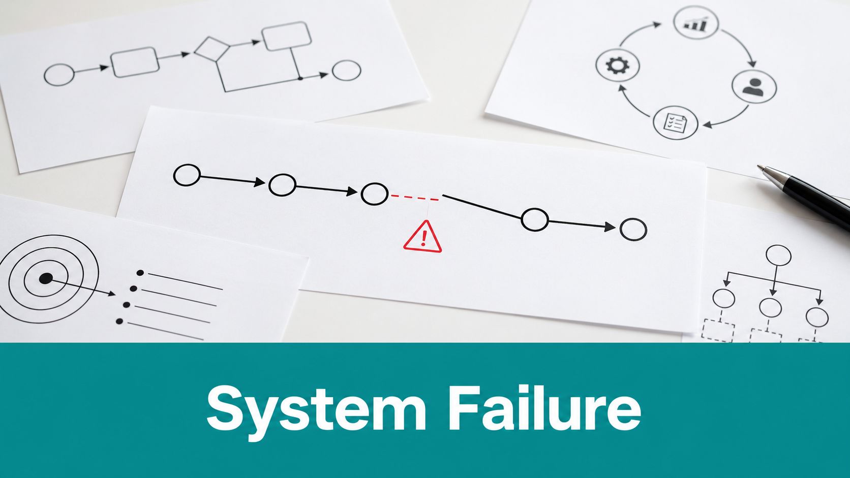 A conceptual image showing a broken workflow diagram with a warning sign representing a system failure.