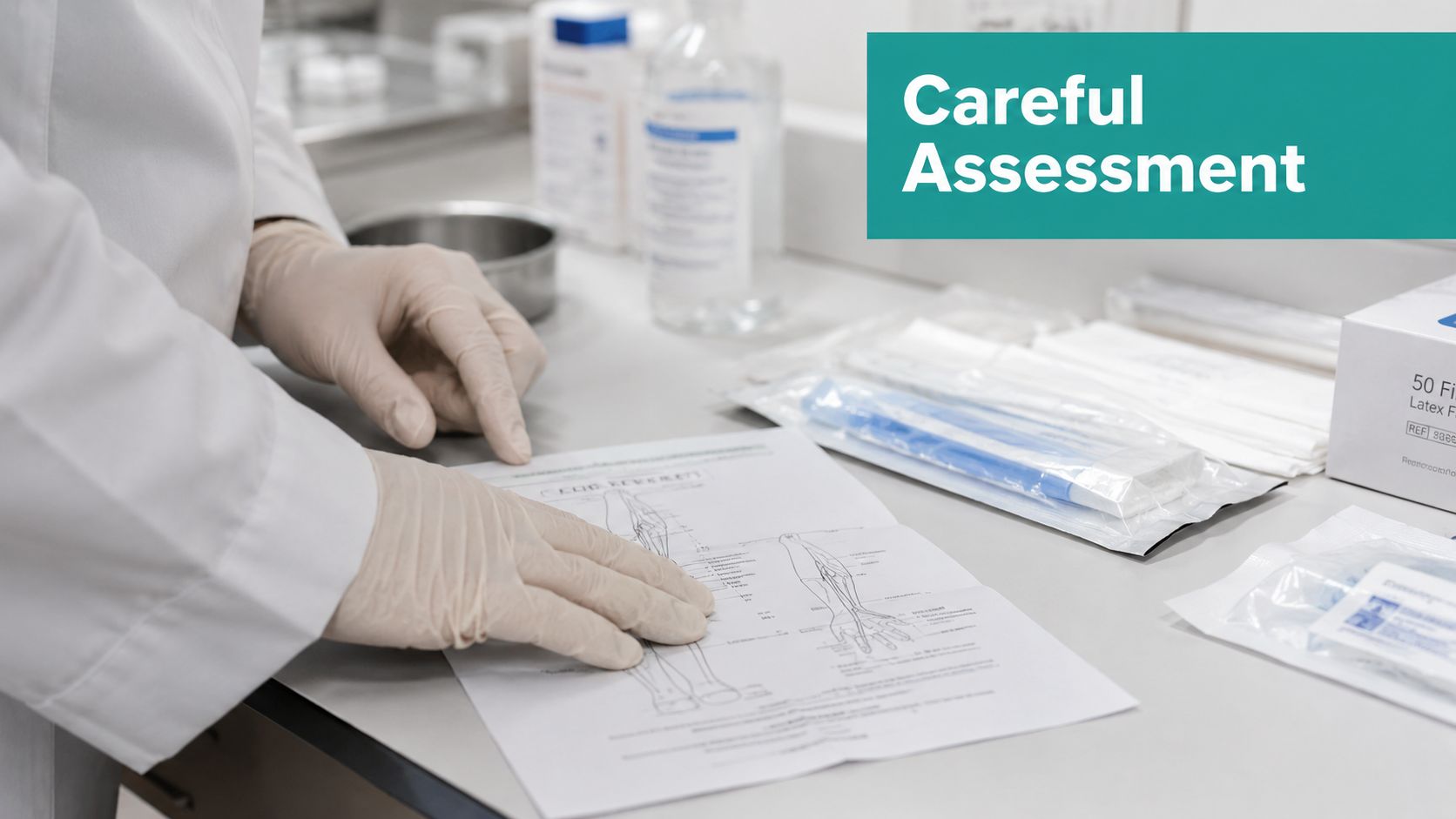 A healthcare professional in gloves examining a medical diagram on a table with sterile medical supplies.