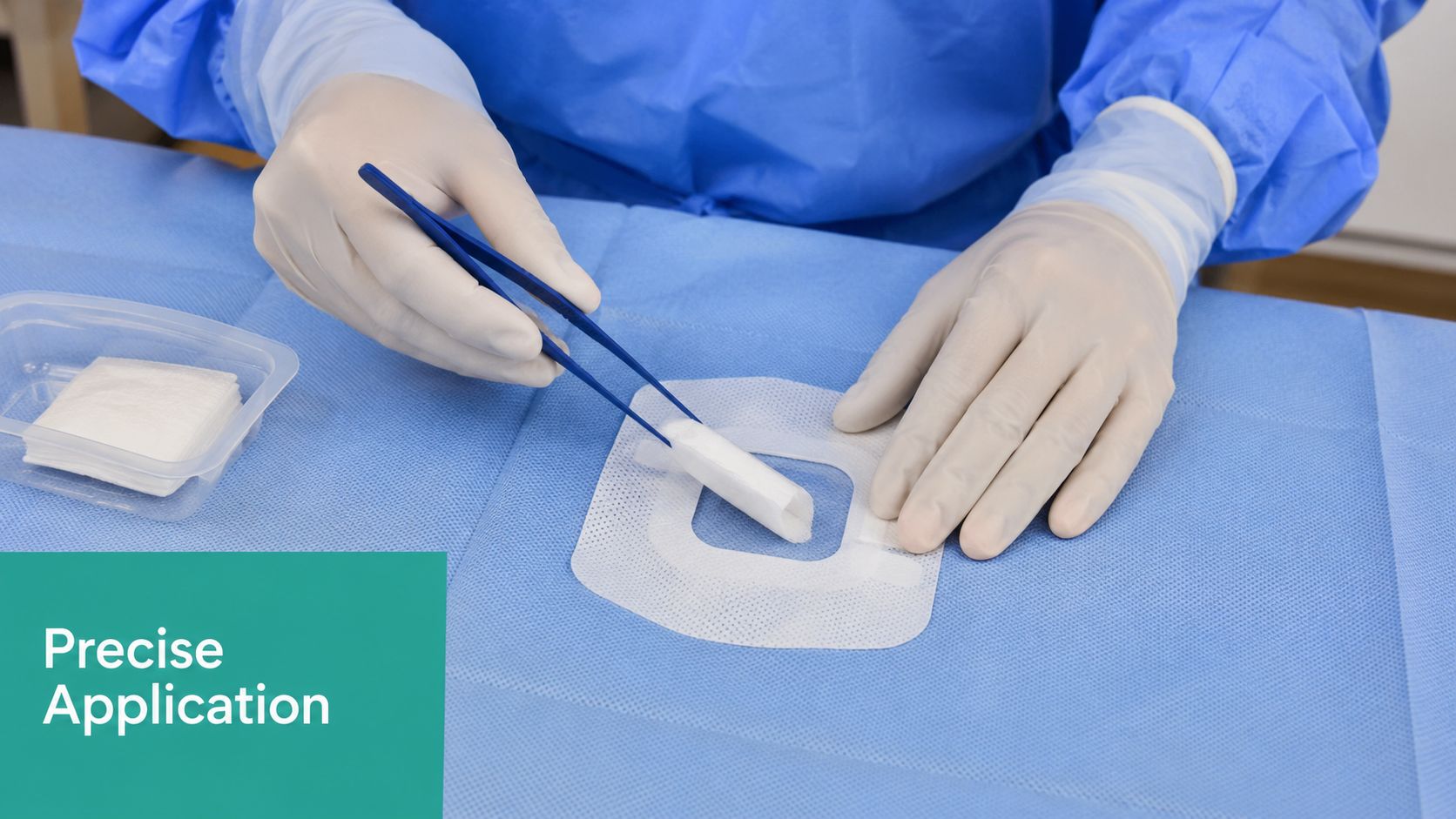 A healthcare professional using tweezers to apply a medical dressing to a wound site on a patient.
