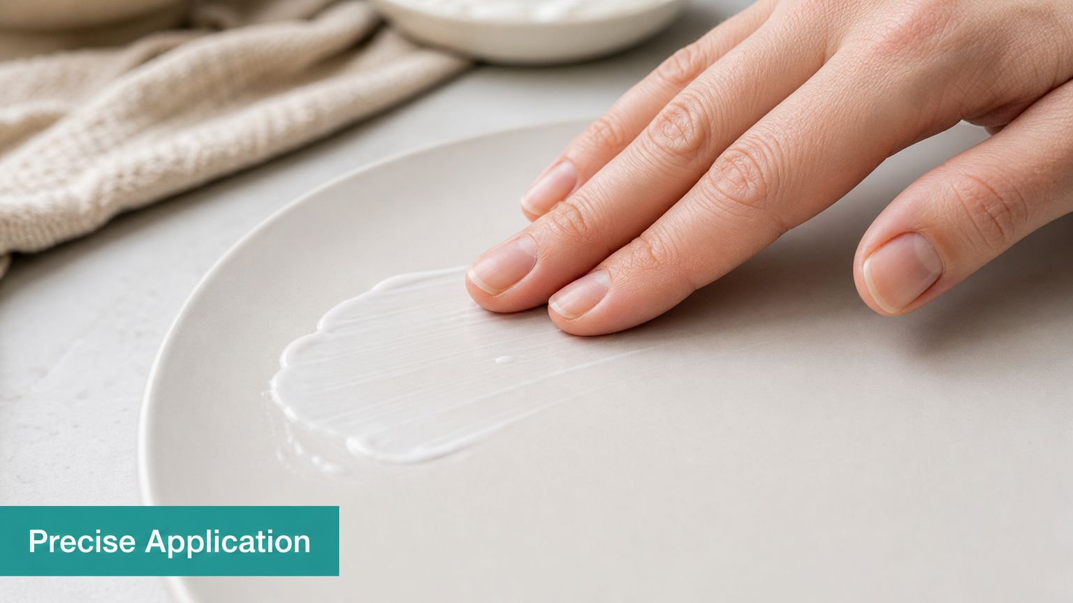 A close-up view of a person applying a smooth white moisturizing ointment onto a ceramic plate.