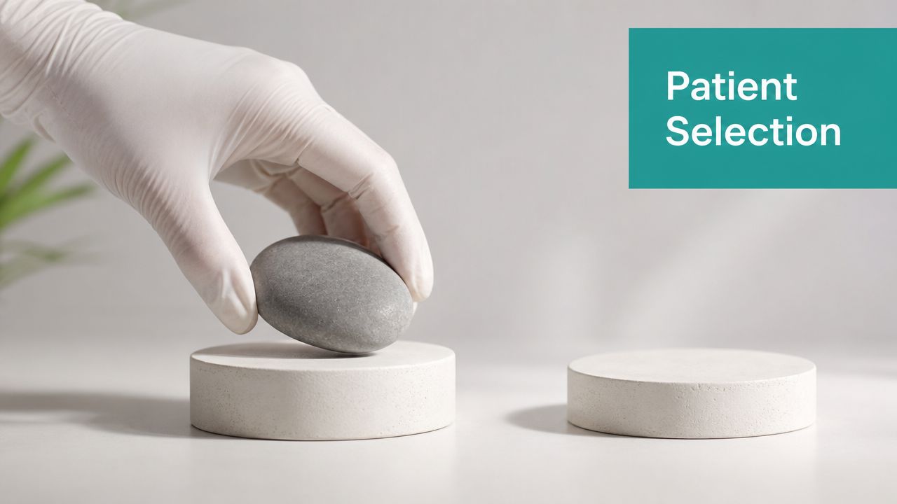 A gloved hand places a smooth grey stone onto a white pedestal, representing patient selection in medical treatments.