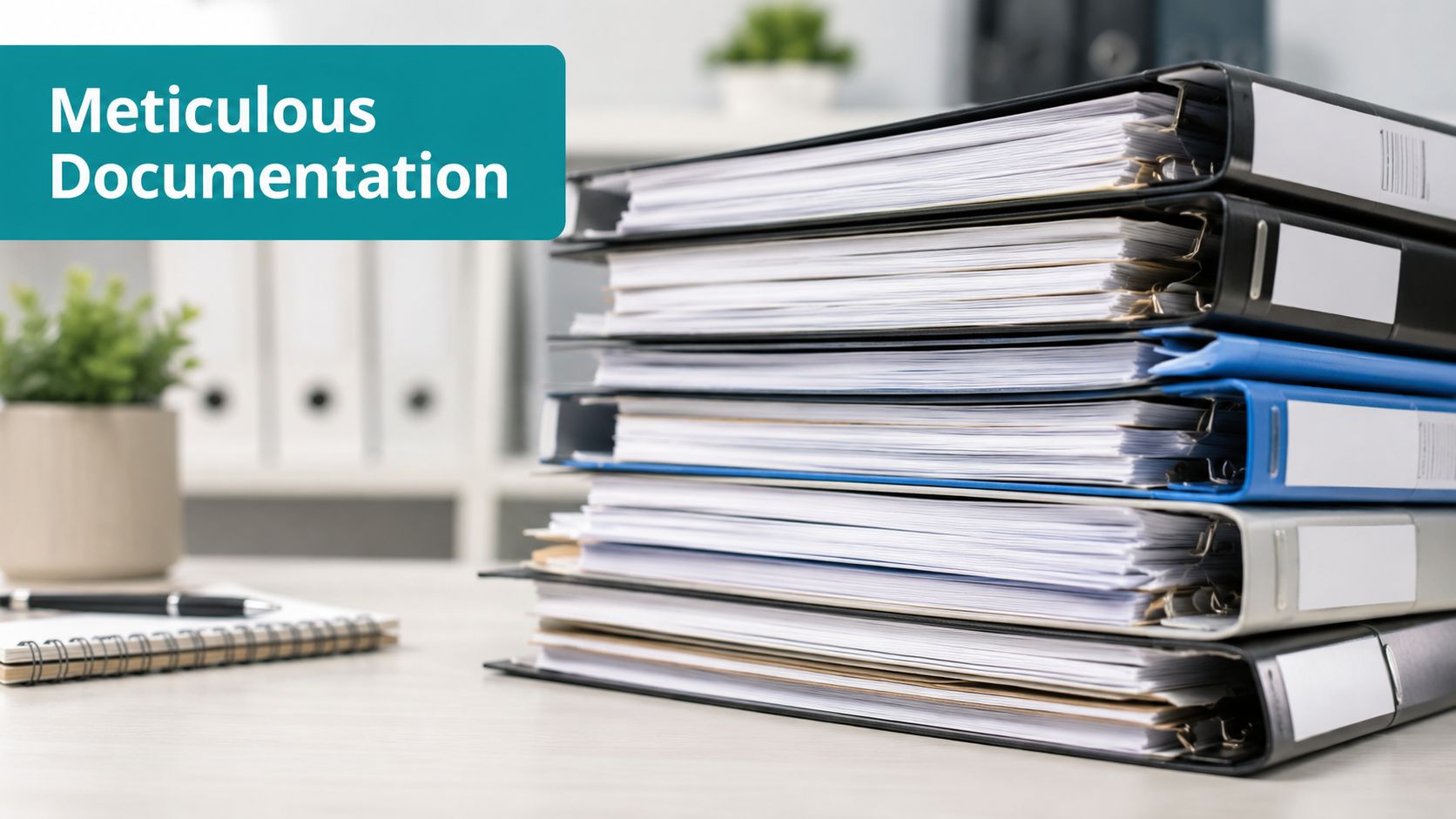 A stack of organized office binders on a desk, representing the importance of meticulous documentation in healthcare.
