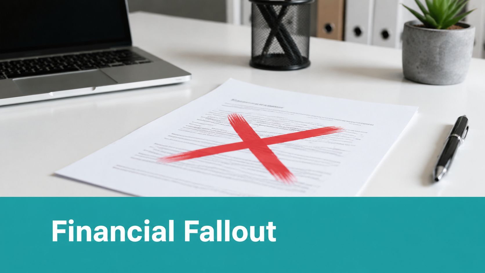 A document with a large red X over it on a desk with a laptop and pen.